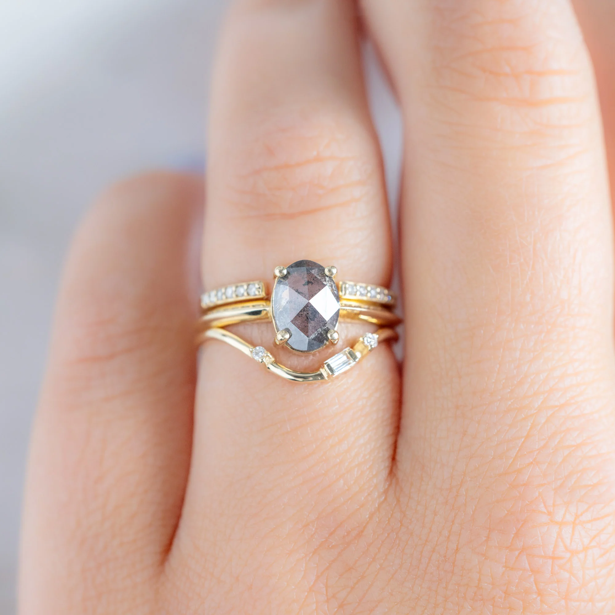 Asymmetrical Baguette Diamond Arc Stacking Band | Yellow, Rose or White Gold - Image 2
