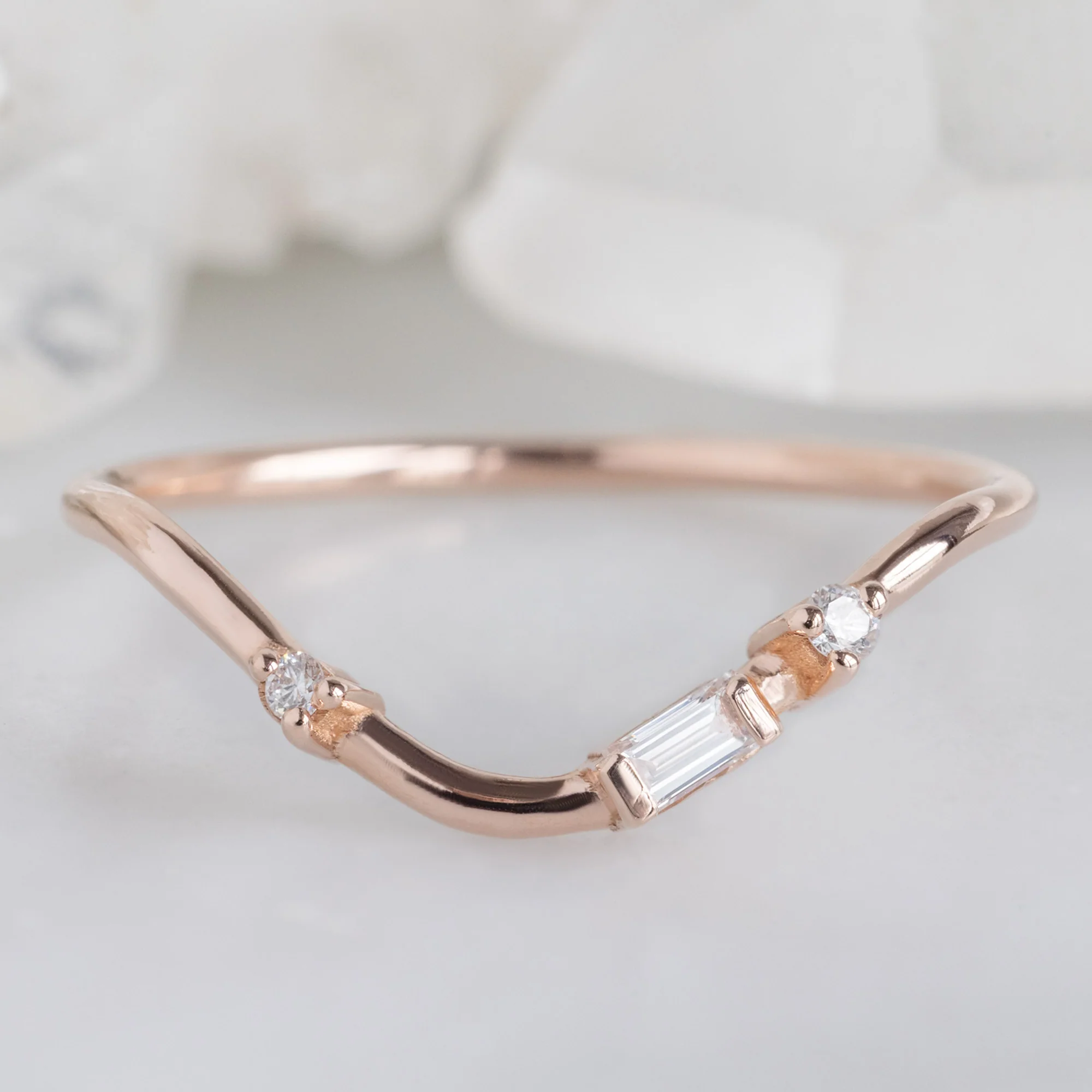 Asymmetrical Baguette Diamond Arc Stacking Band | Yellow, Rose or White Gold - Image 5