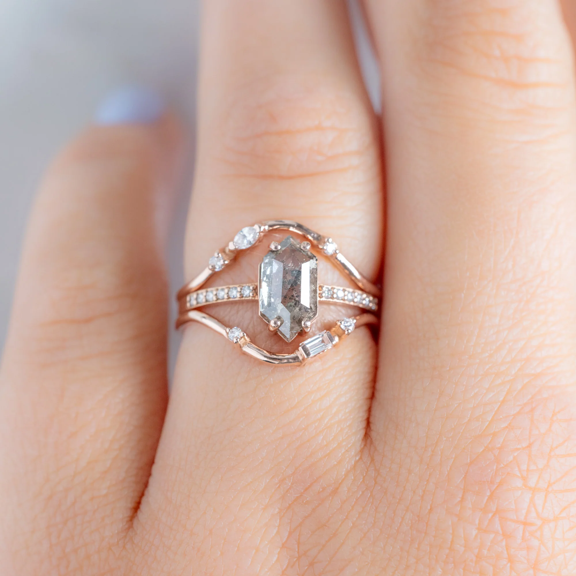 Asymmetrical Baguette Diamond Arc Stacking Band | Yellow, Rose or White Gold - Image 7
