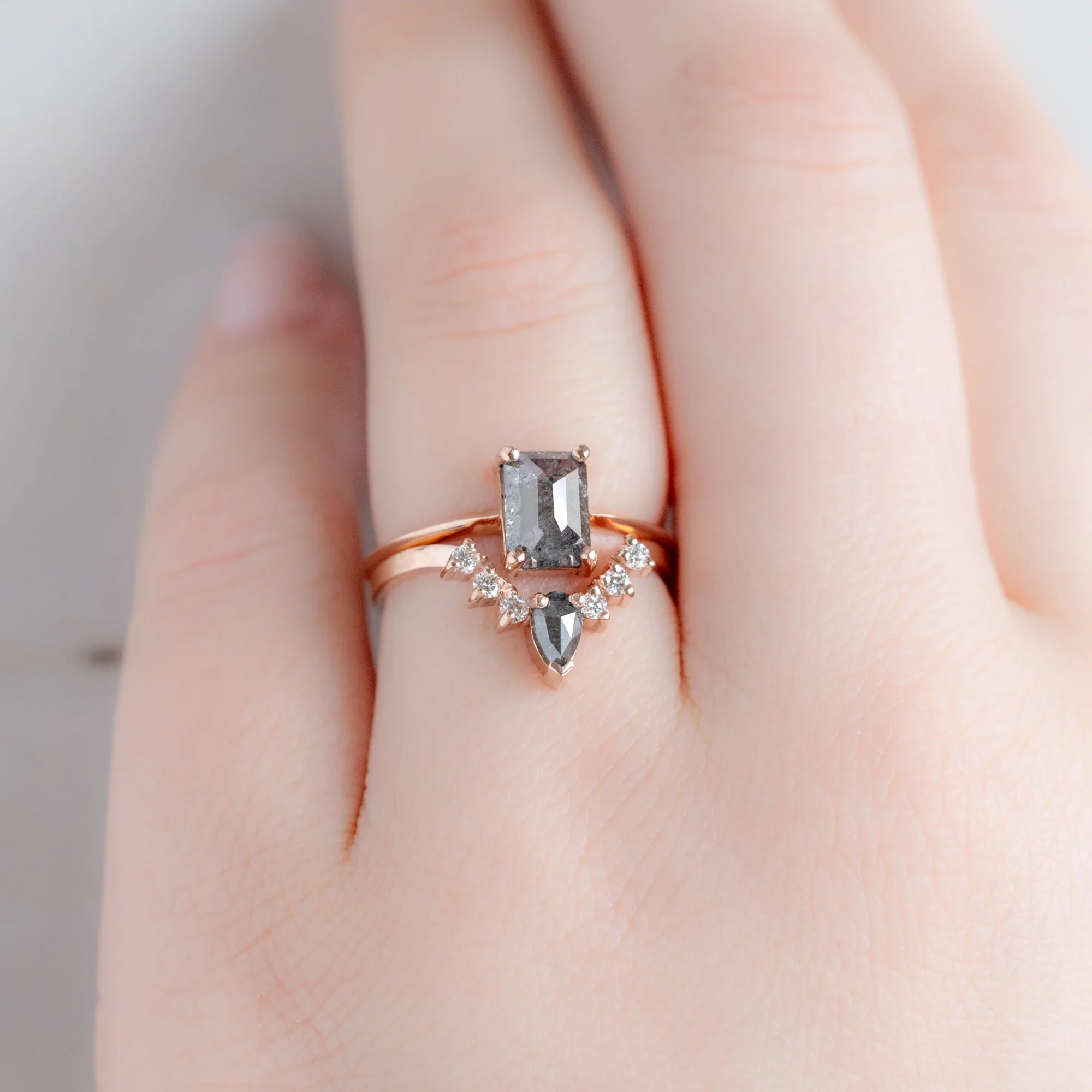 Black + White Diamond Sunburst Stacking Band | Yellow, Rose or White Gold - Image 2