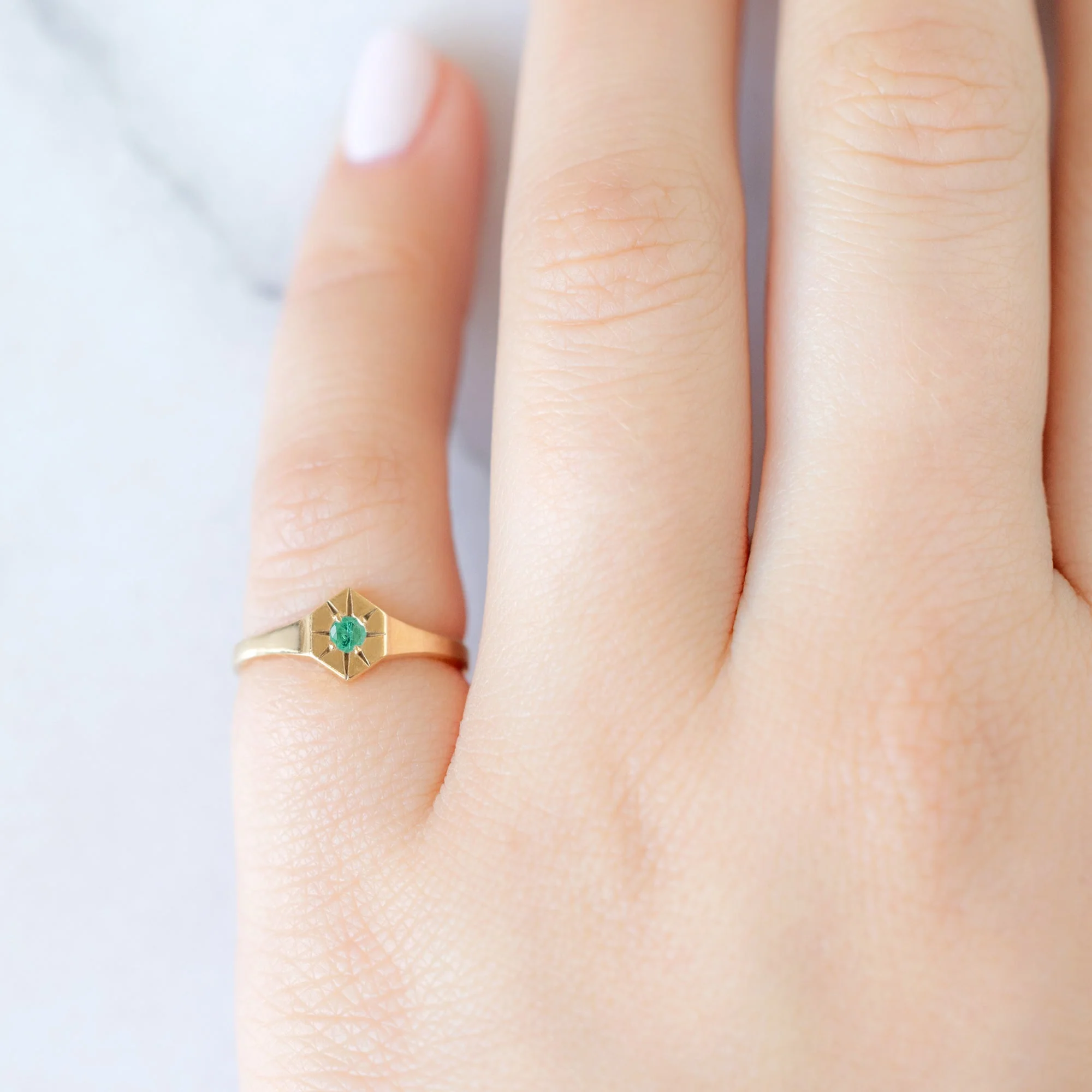 Emerald Birthstone Signet Ring | Yellow, Rose or White Gold - Image 2