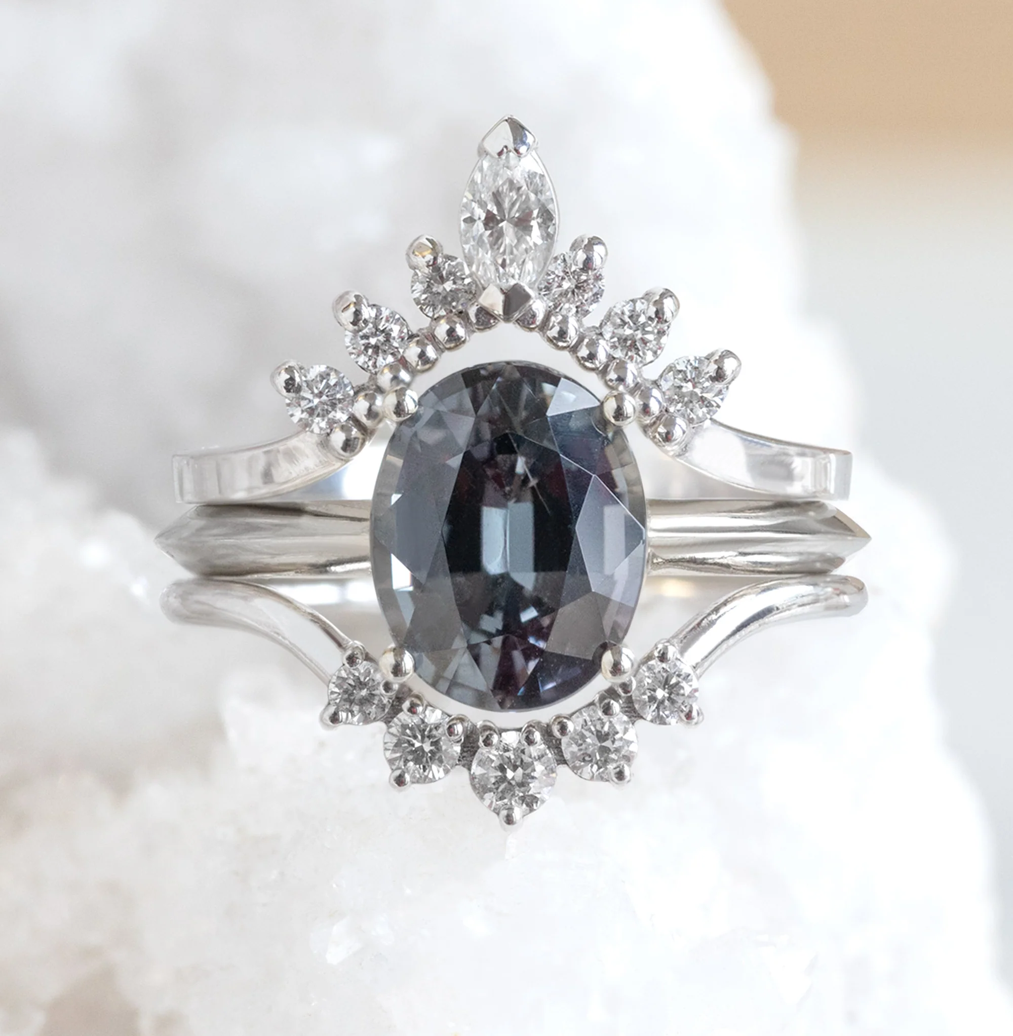 White Diamond Marquise Sunburst Stacking Band | Yellow, Rose or White Gold - Image 3