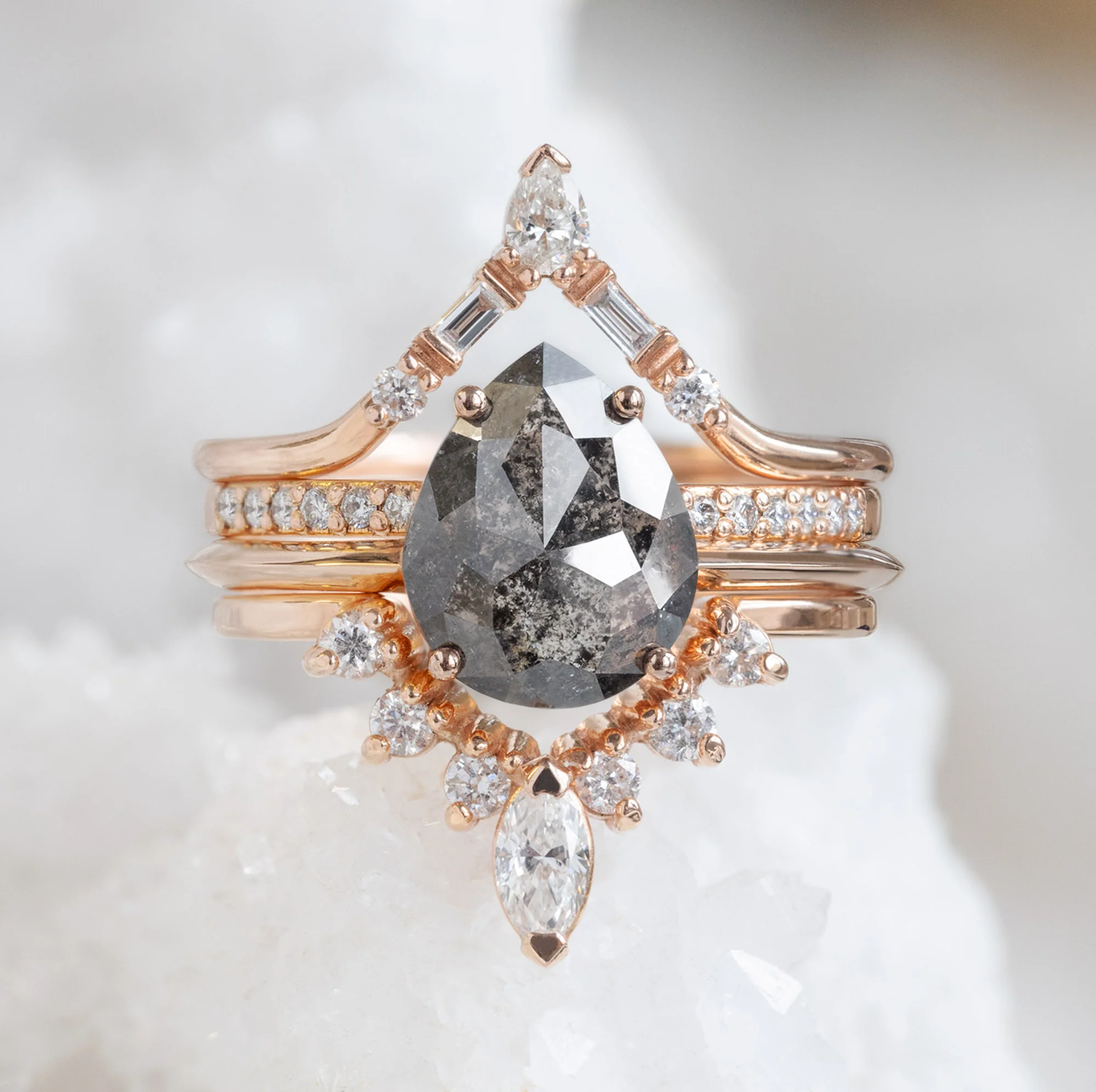 White Diamond Marquise Sunburst Stacking Band | Yellow, Rose or White Gold - Image 4