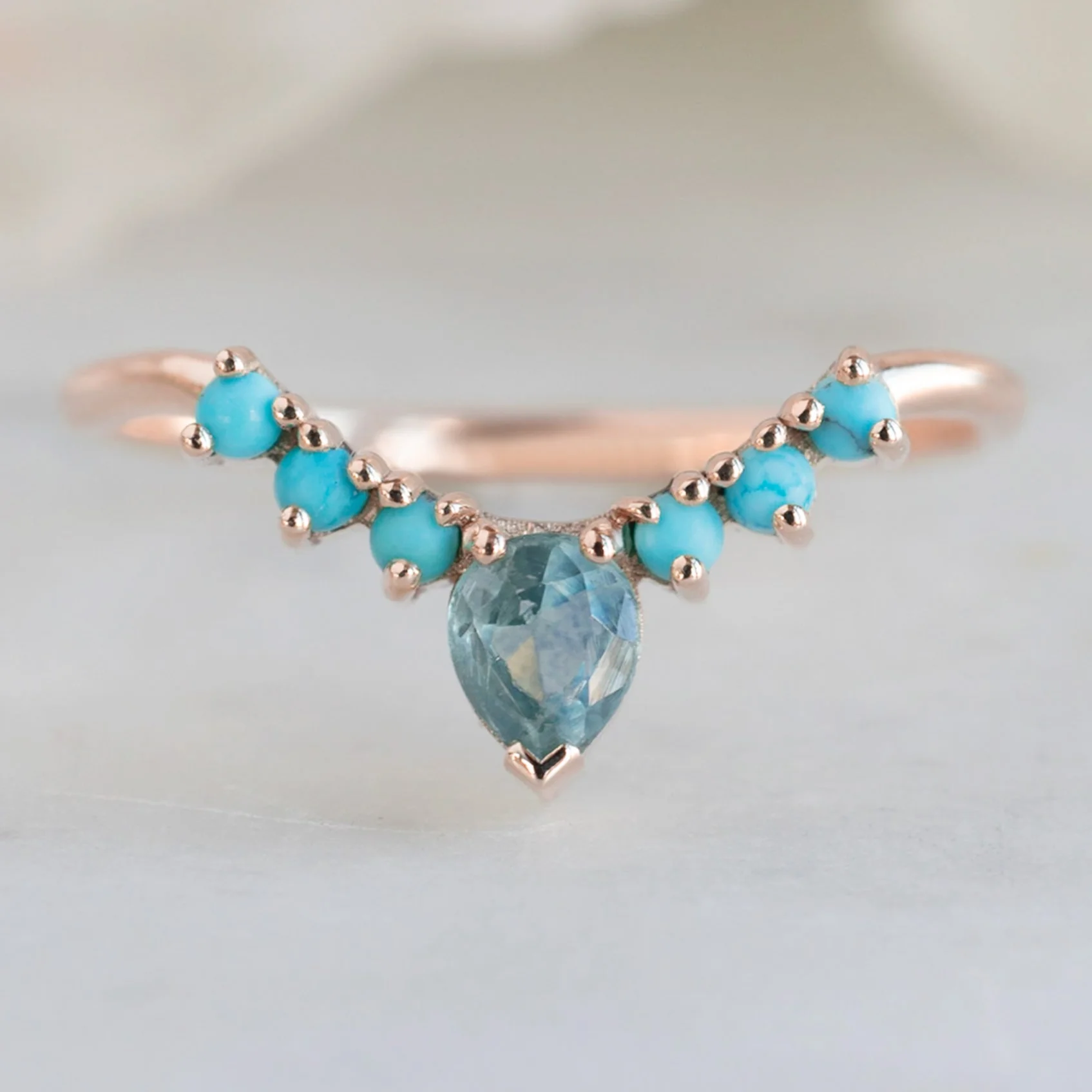 Montana Sapphire + Turquoise Sunburst Stacking Band | Yellow, Rose or White Gold - Image 4