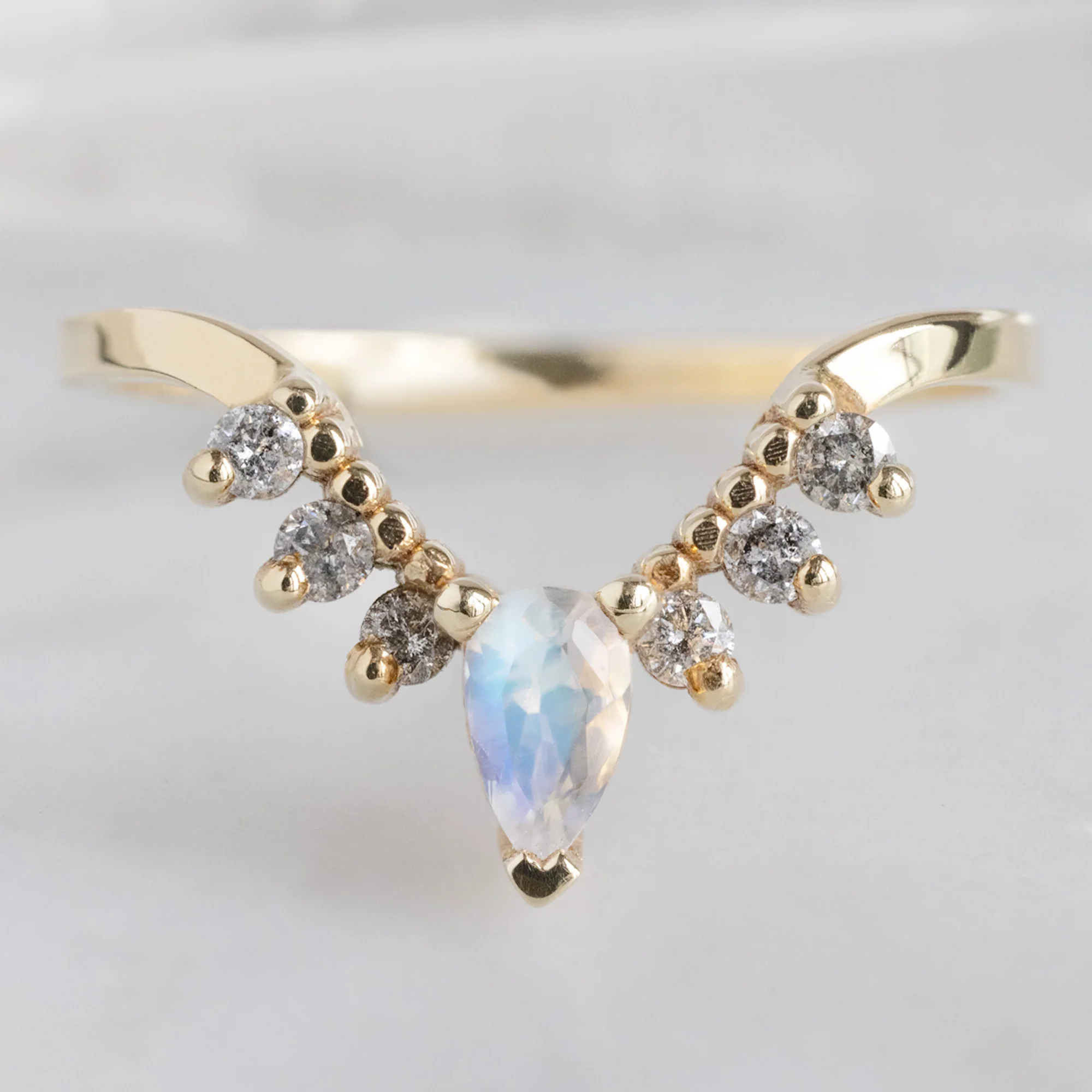Moonstone + Salt and Pepper Diamond Sunburst Stacking Band | Yellow, Rose or White Gold