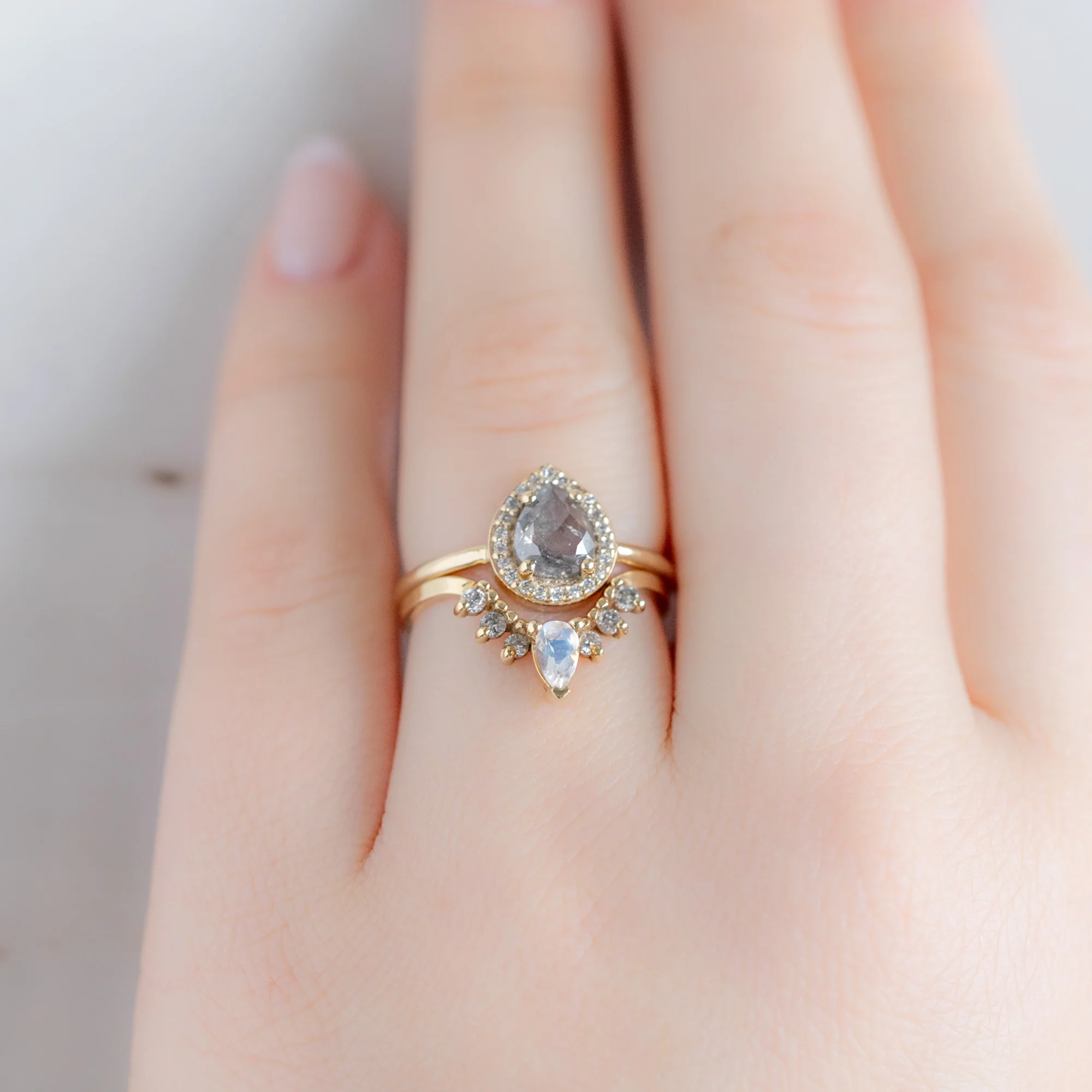 Moonstone + Salt and Pepper Diamond Sunburst Stacking Band | Yellow, Rose or White Gold - Image 2