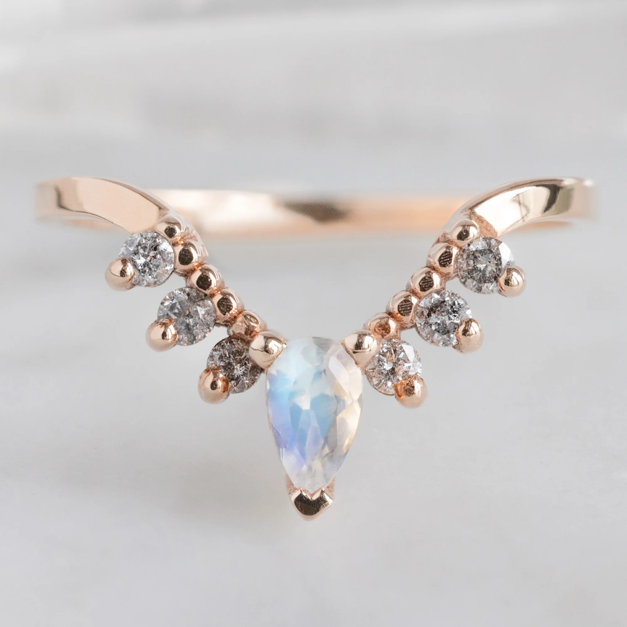 Moonstone + Salt and Pepper Diamond Sunburst Stacking Band | Yellow, Rose or White Gold - Image 3