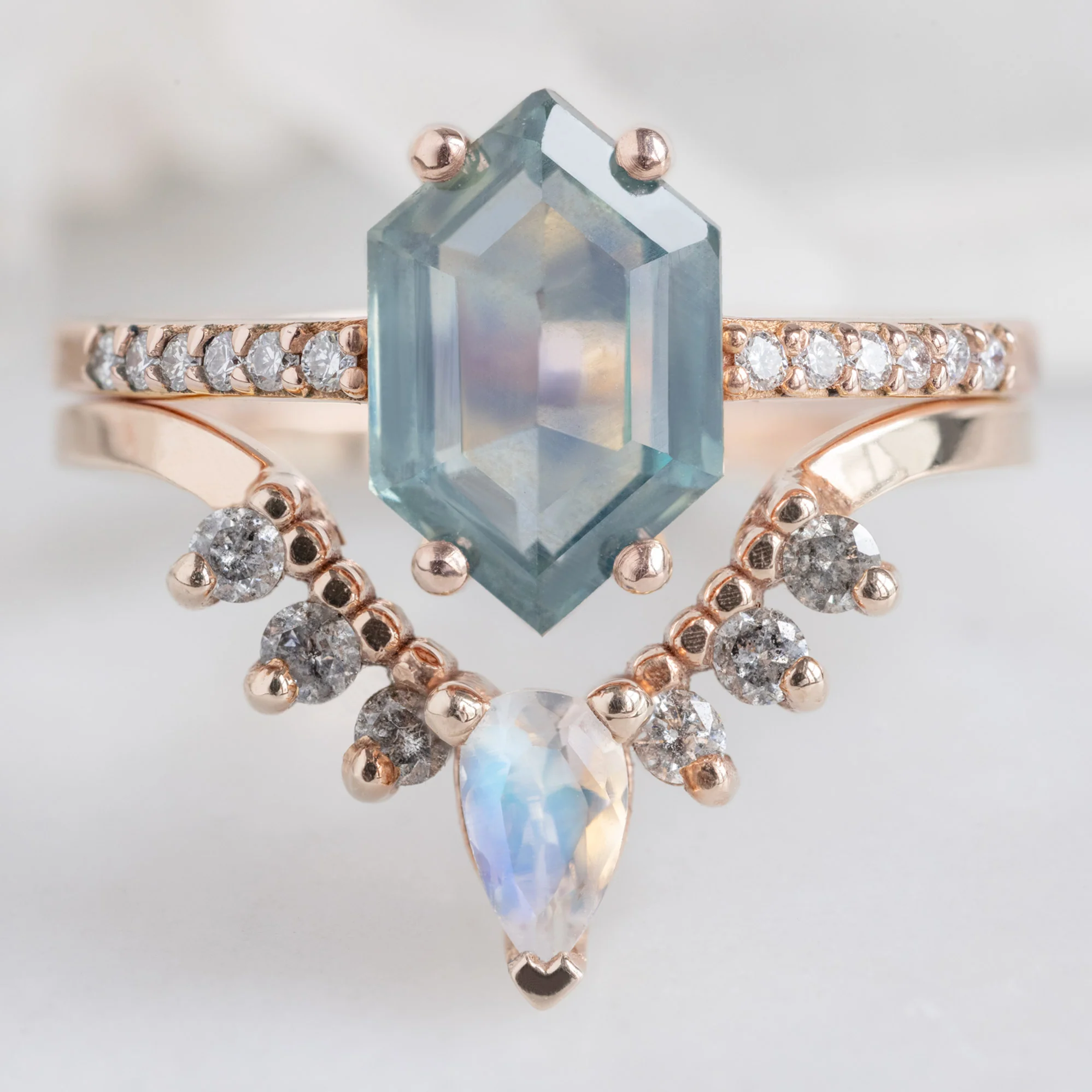 Moonstone + Salt and Pepper Diamond Sunburst Stacking Band | Yellow, Rose or White Gold - Image 4