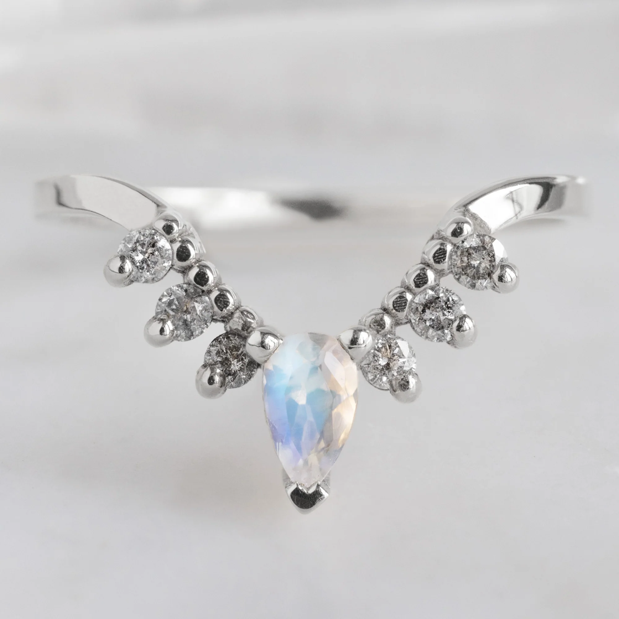 Moonstone + Salt and Pepper Diamond Sunburst Stacking Band | Yellow, Rose or White Gold - Image 5