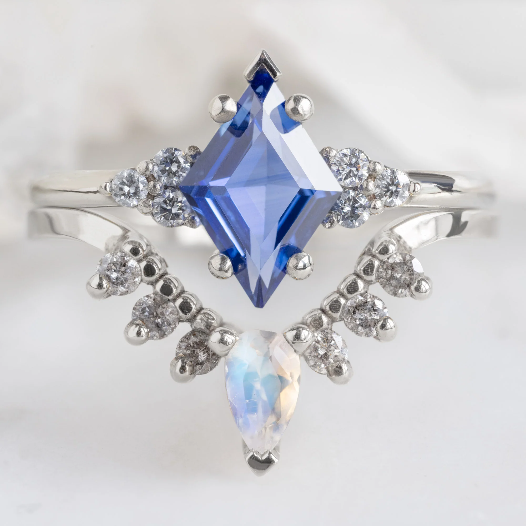 Moonstone + Salt and Pepper Diamond Sunburst Stacking Band | Yellow, Rose or White Gold - Image 6
