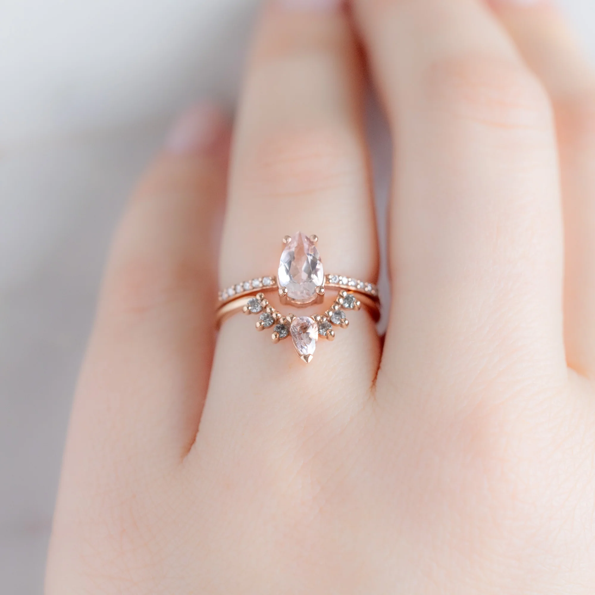 Morganite + Salt and Pepper Diamond Sunburst Stacking Band | Yellow, Rose or White Gold - Image 2