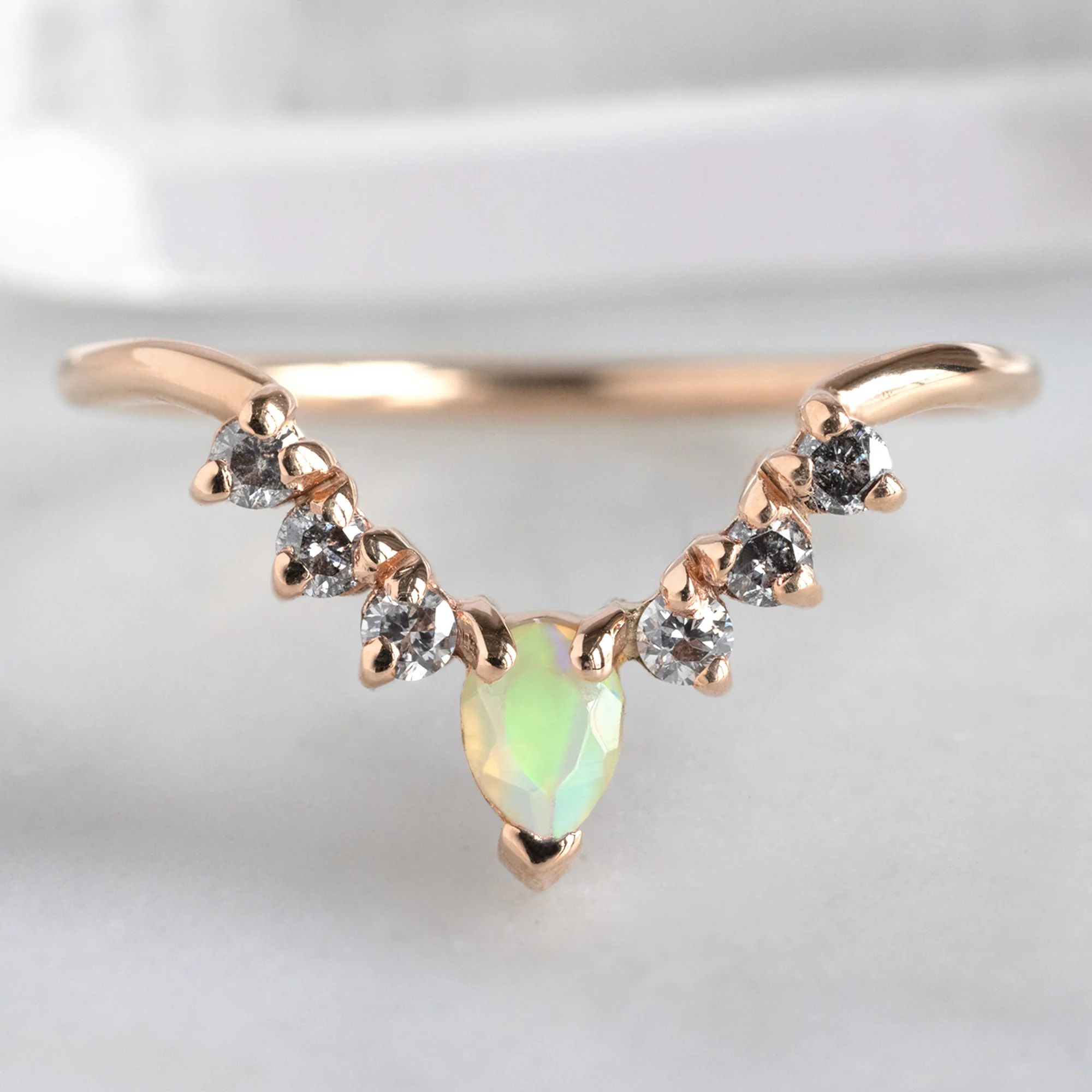 Opal + Salt and Pepper Diamond Sunburst Stacking Band | Yellow, Rose or White Gold - Image 3