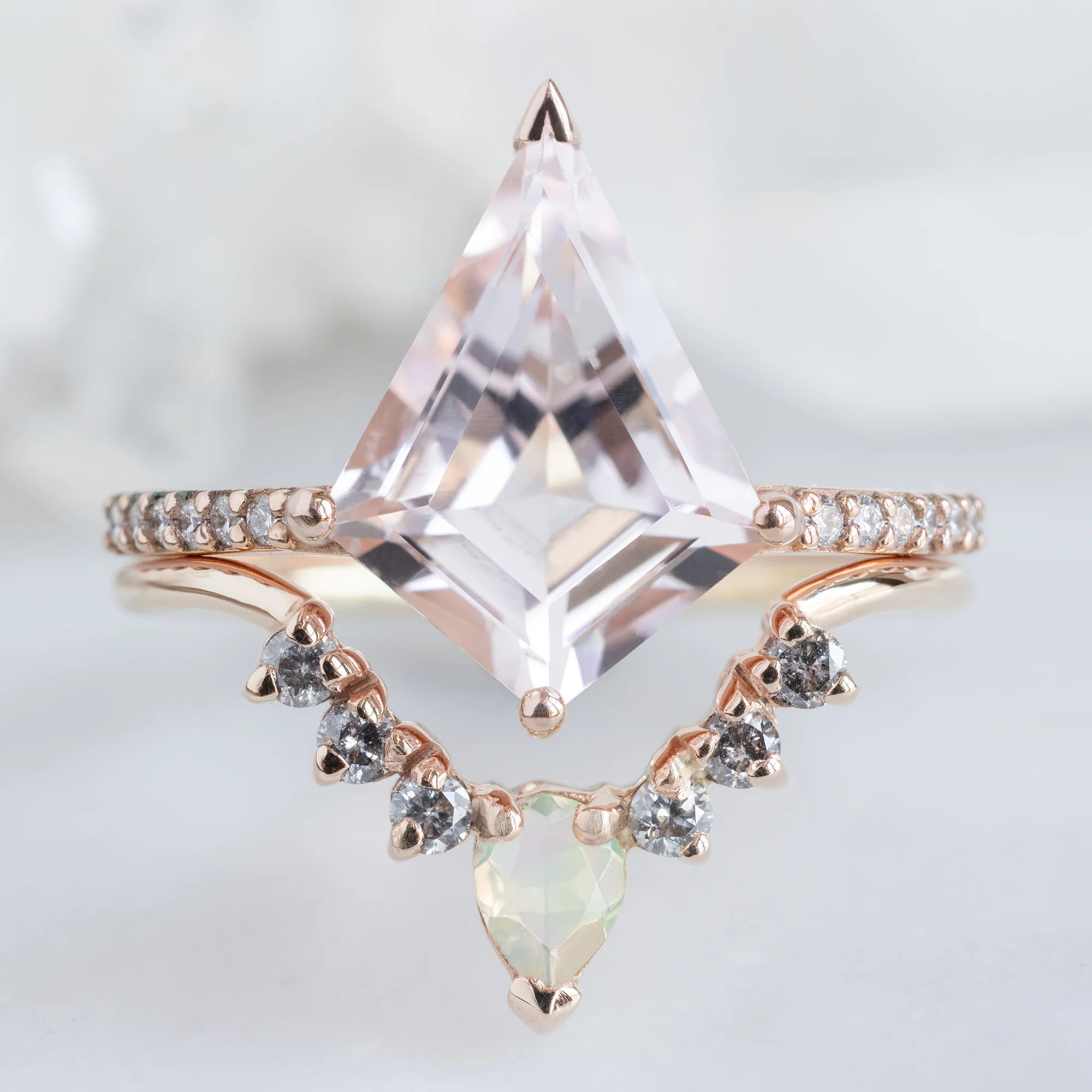 Opal + Salt and Pepper Diamond Sunburst Stacking Band | Yellow, Rose or White Gold - Image 4