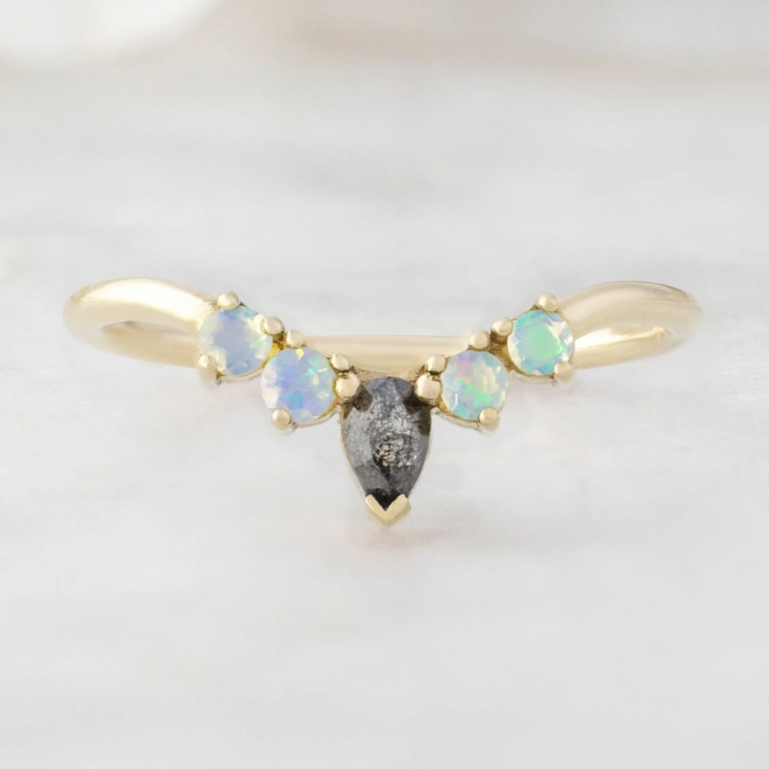 Black Diamond + Opal 4-Stone Sunburst Stacking Band | Yellow, Rose or White Gold - Image 3