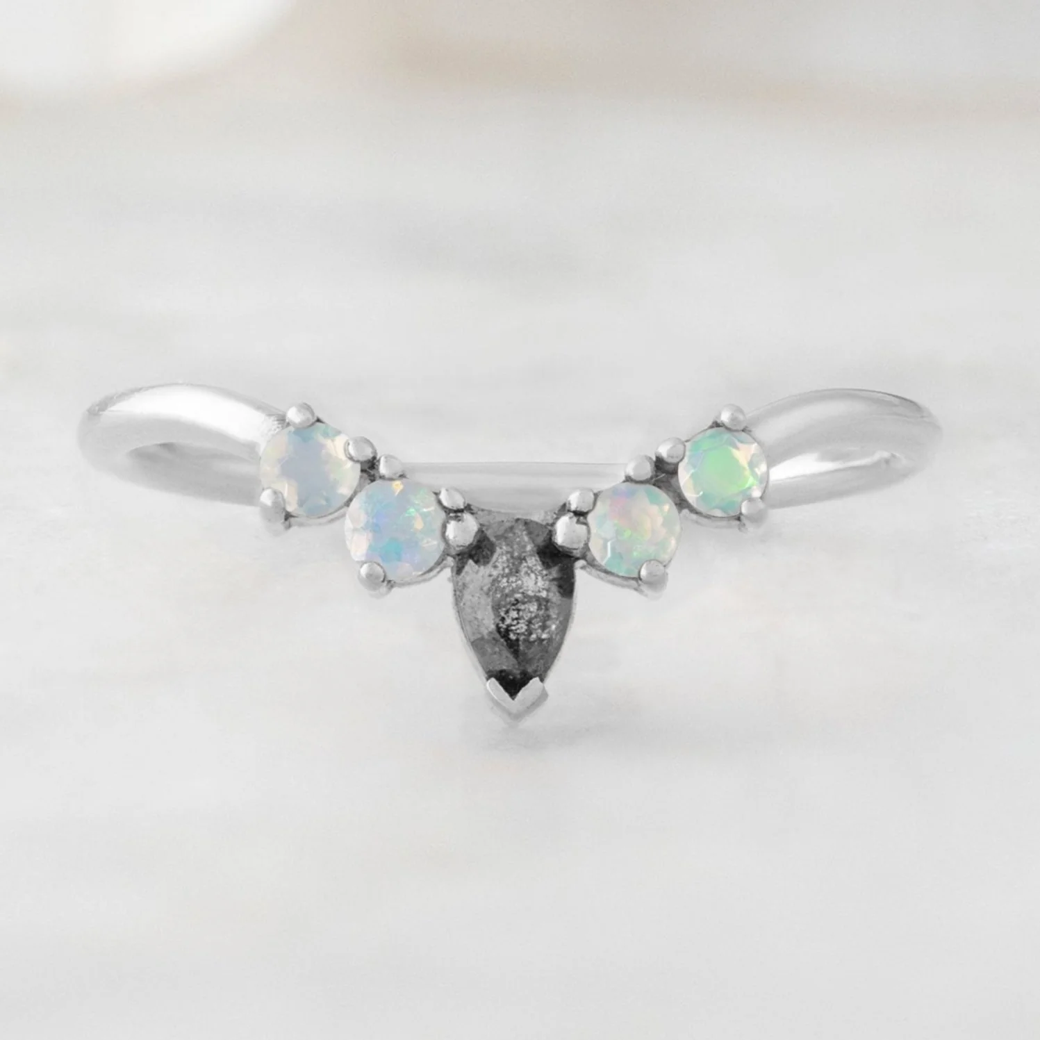 Black Diamond + Opal 4-Stone Sunburst Stacking Band | Yellow, Rose or White Gold - Image 4