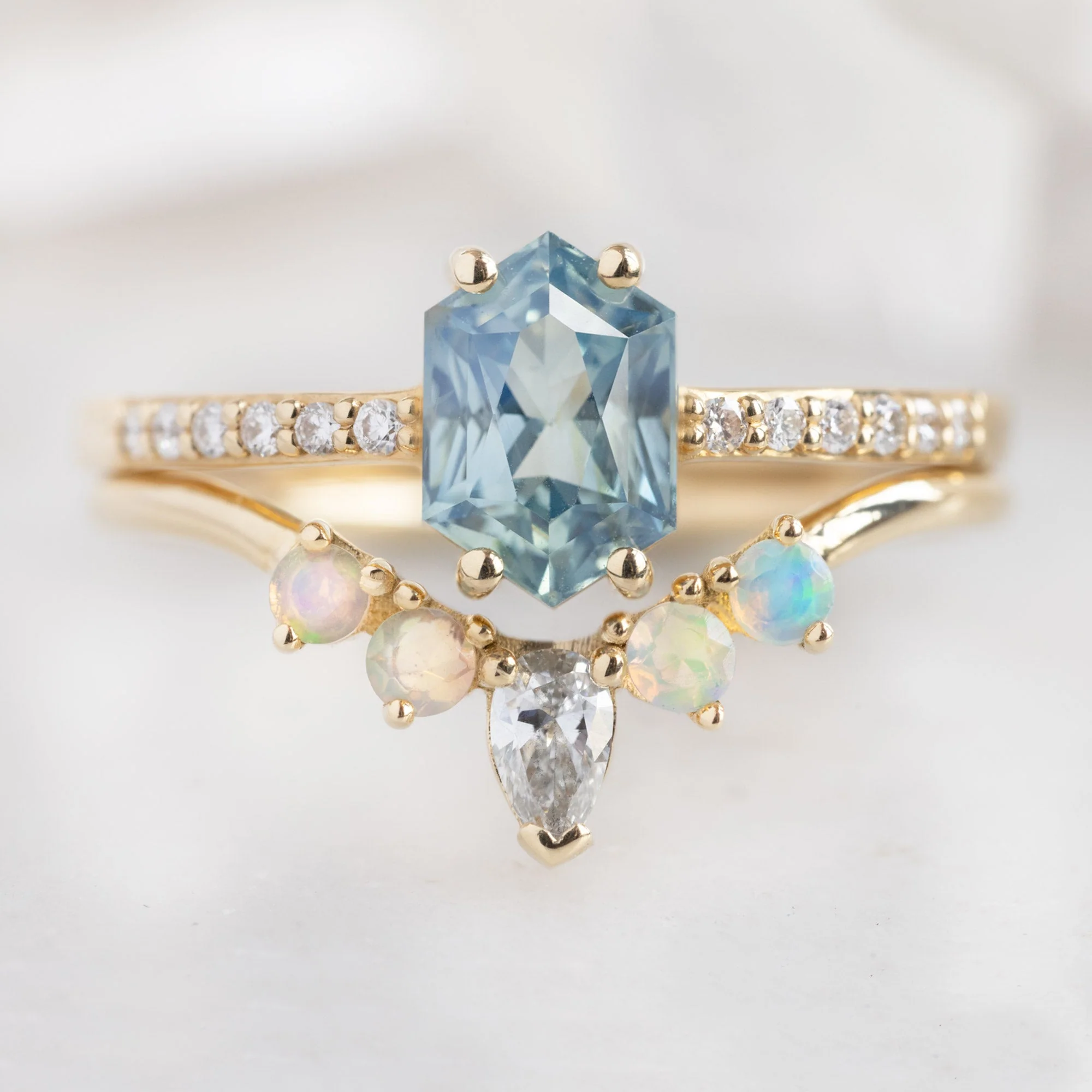 White Diamond + Opal 4-Stone Sunburst Stacking Band | Yellow, Rose or White Gold - Image 3