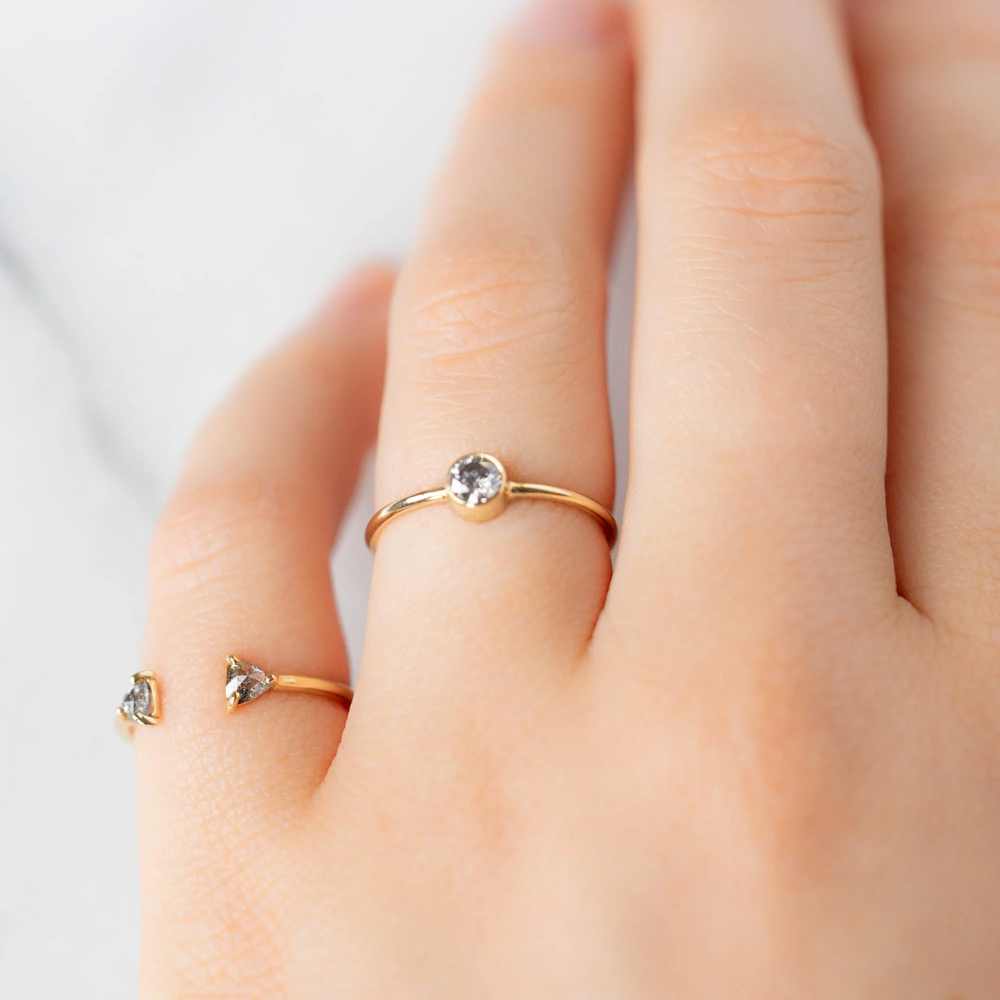 Open Cuff Salt and Pepper Diamond Trillion Stacking Band | Yellow, Rose or White Gold - Image 2