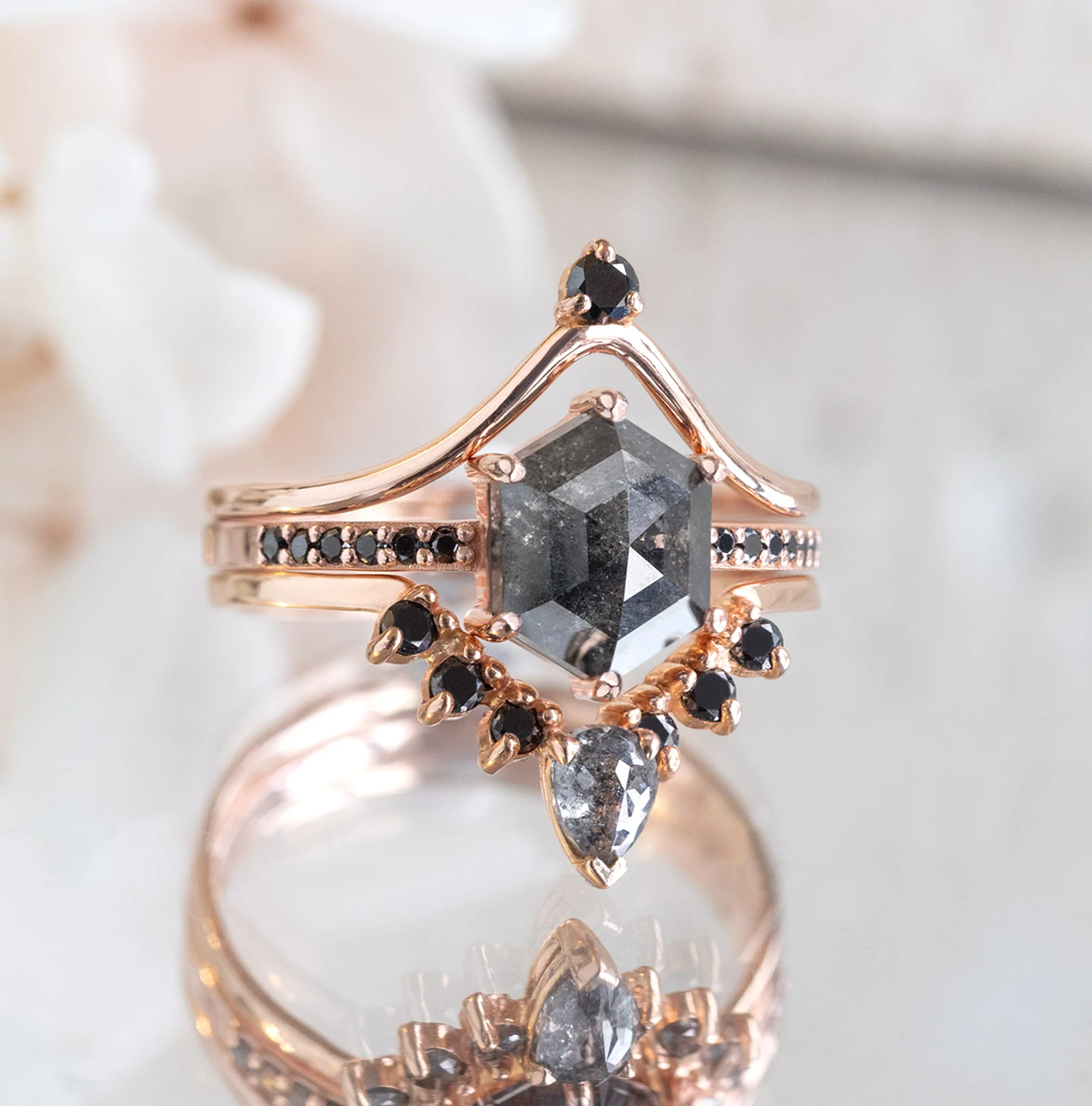 Black Diamond Sunburst Stacking Band | Yellow, Rose or White Gold - Image 8
