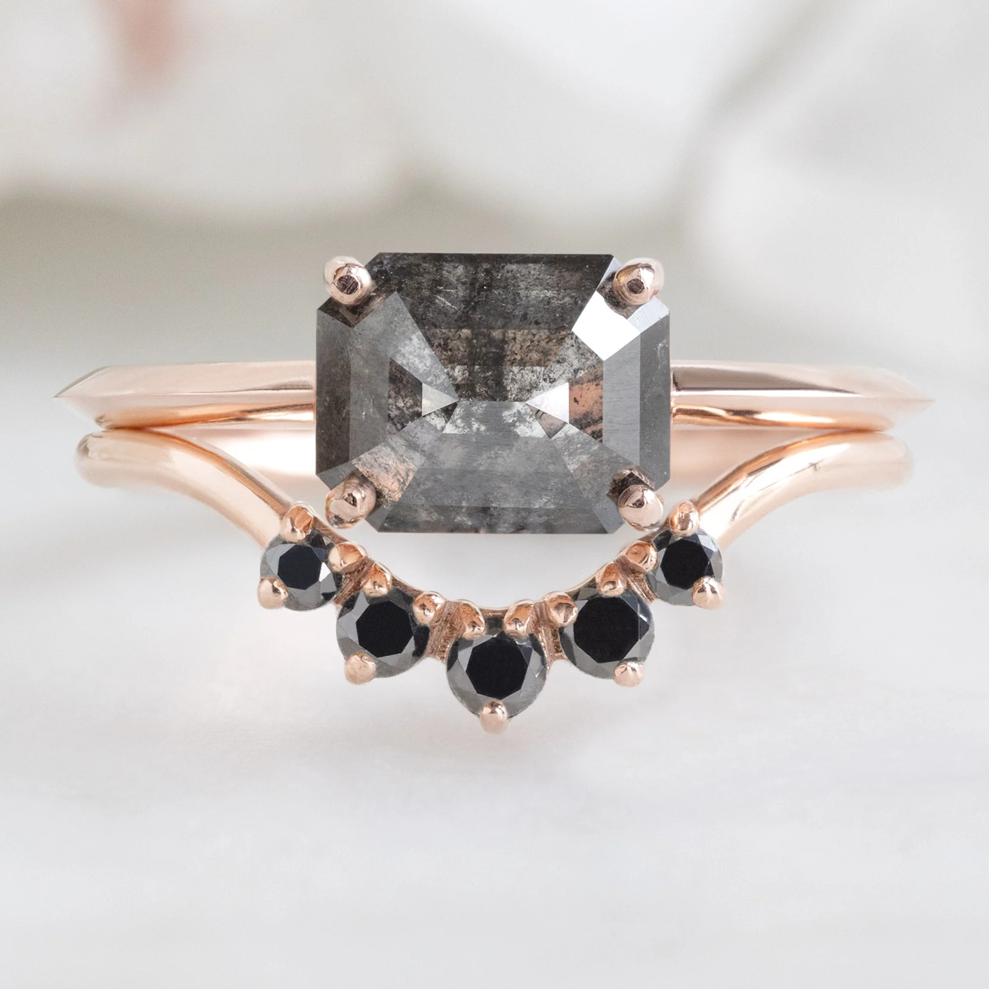 Round Black Diamond Sunburst Stacking Band | Yellow, Rose or White Gold - Image 2