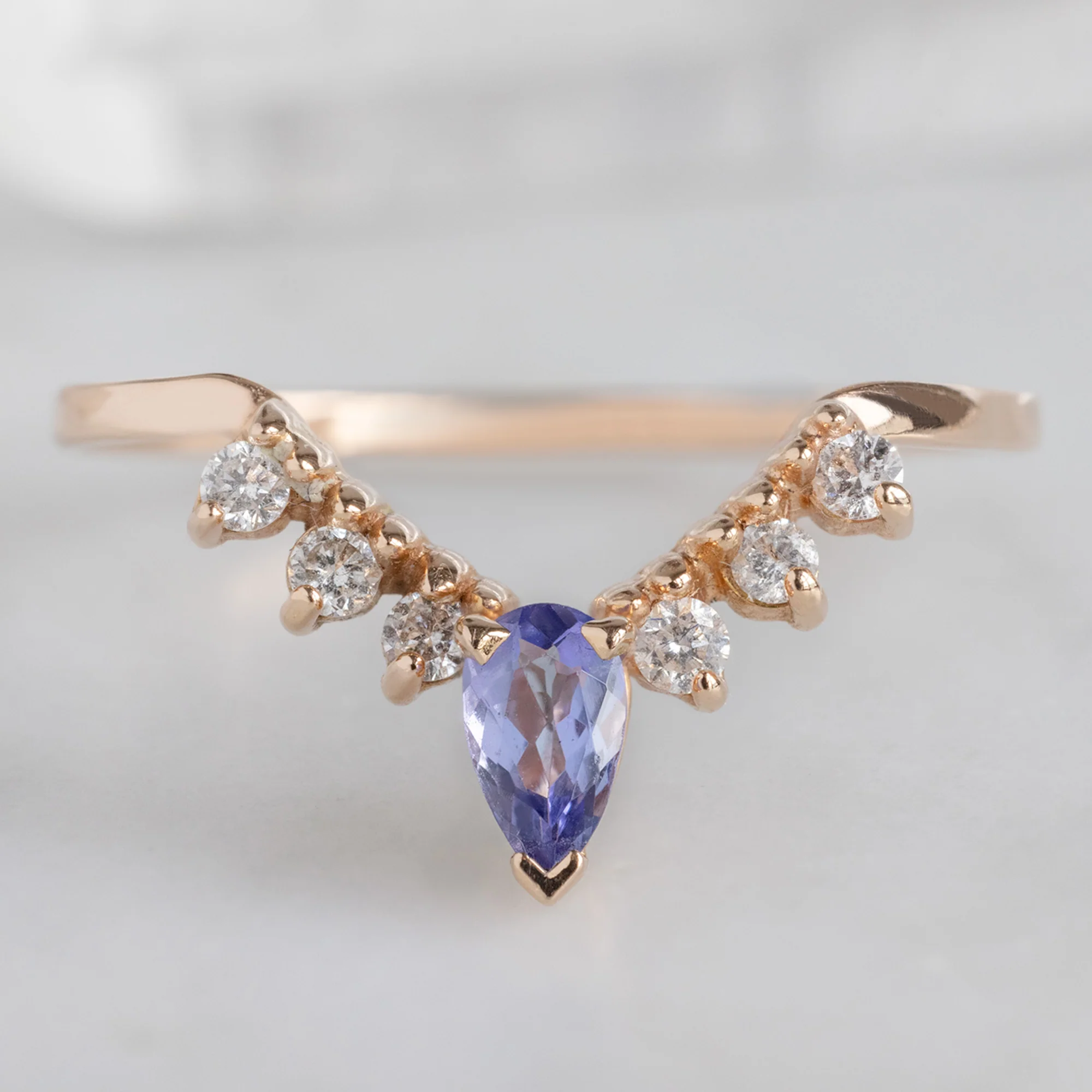 Tanzanite + White Diamond Sunburst Stacking Band | Yellow, Rose or White Gold