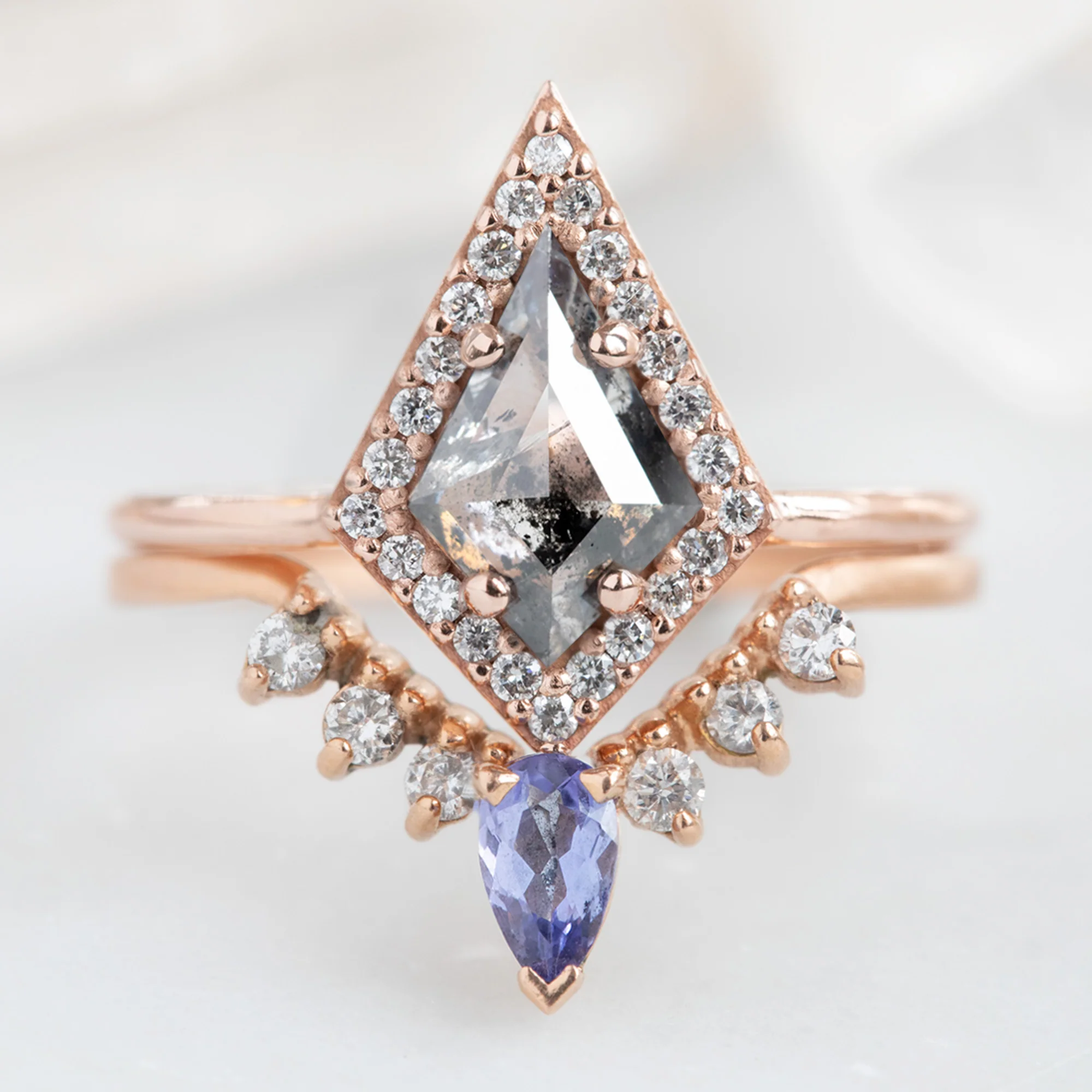 Tanzanite + White Diamond Sunburst Stacking Band | Yellow, Rose or White Gold - Image 2