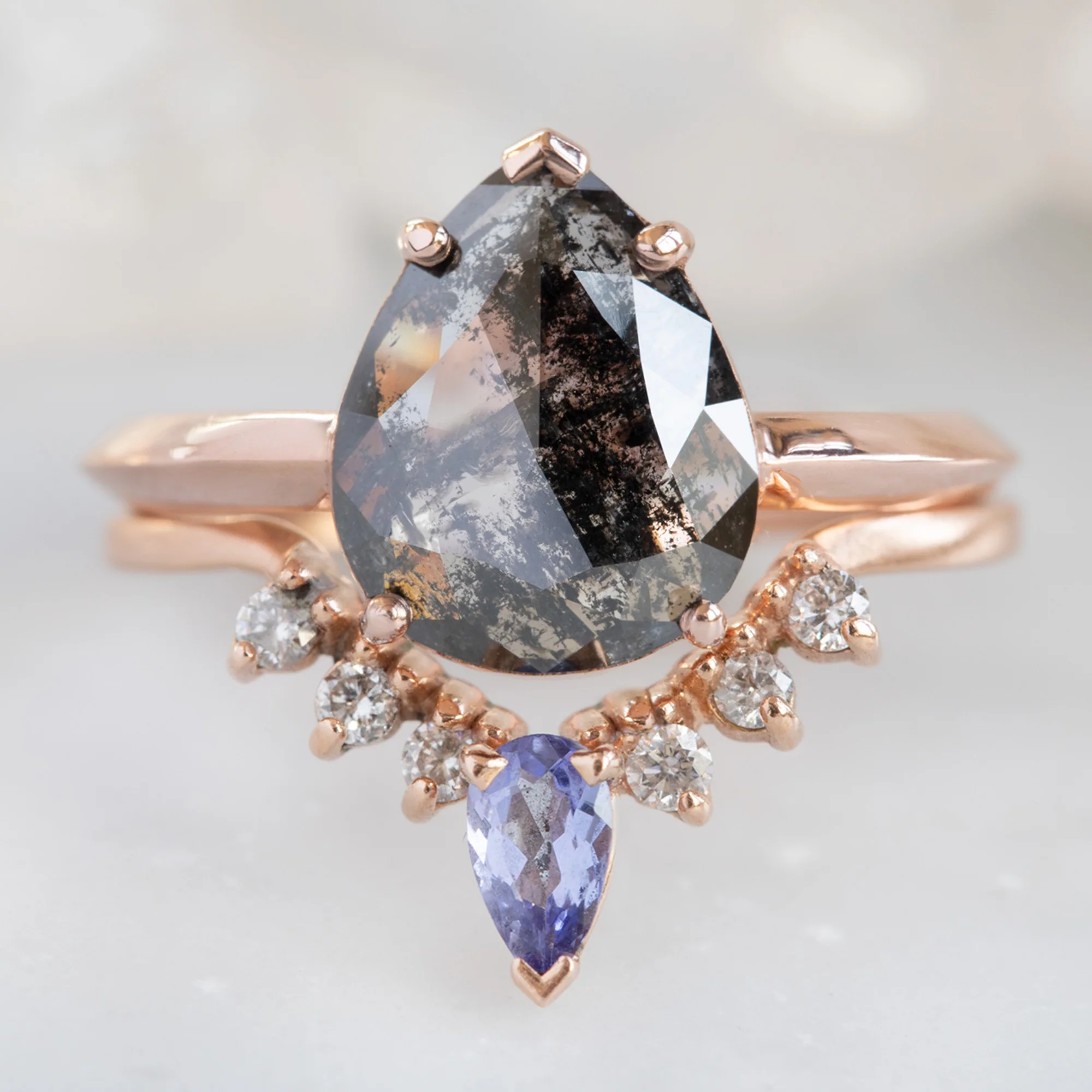 Tanzanite + White Diamond Sunburst Stacking Band | Yellow, Rose or White Gold - Image 3