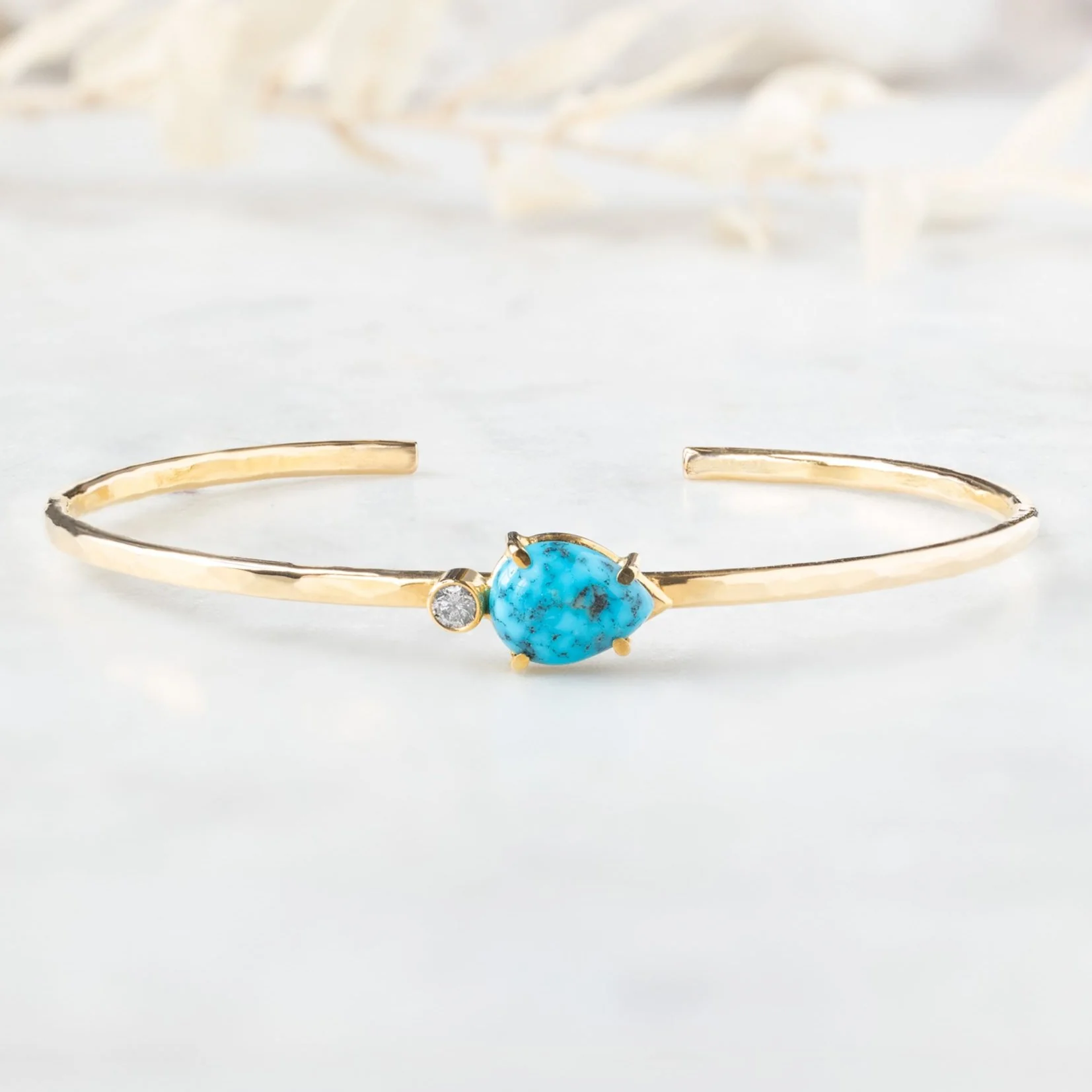 The Asymmetrical Turquoise + Diamond Cuff Bracelet | Yellow Gold or Sterling Silver - Image 4