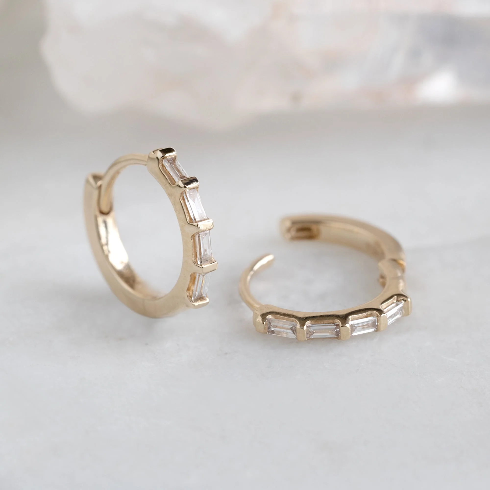 The Baguette White Diamond Huggie Hoops | Yellow, Rose or White Gold - Image 3