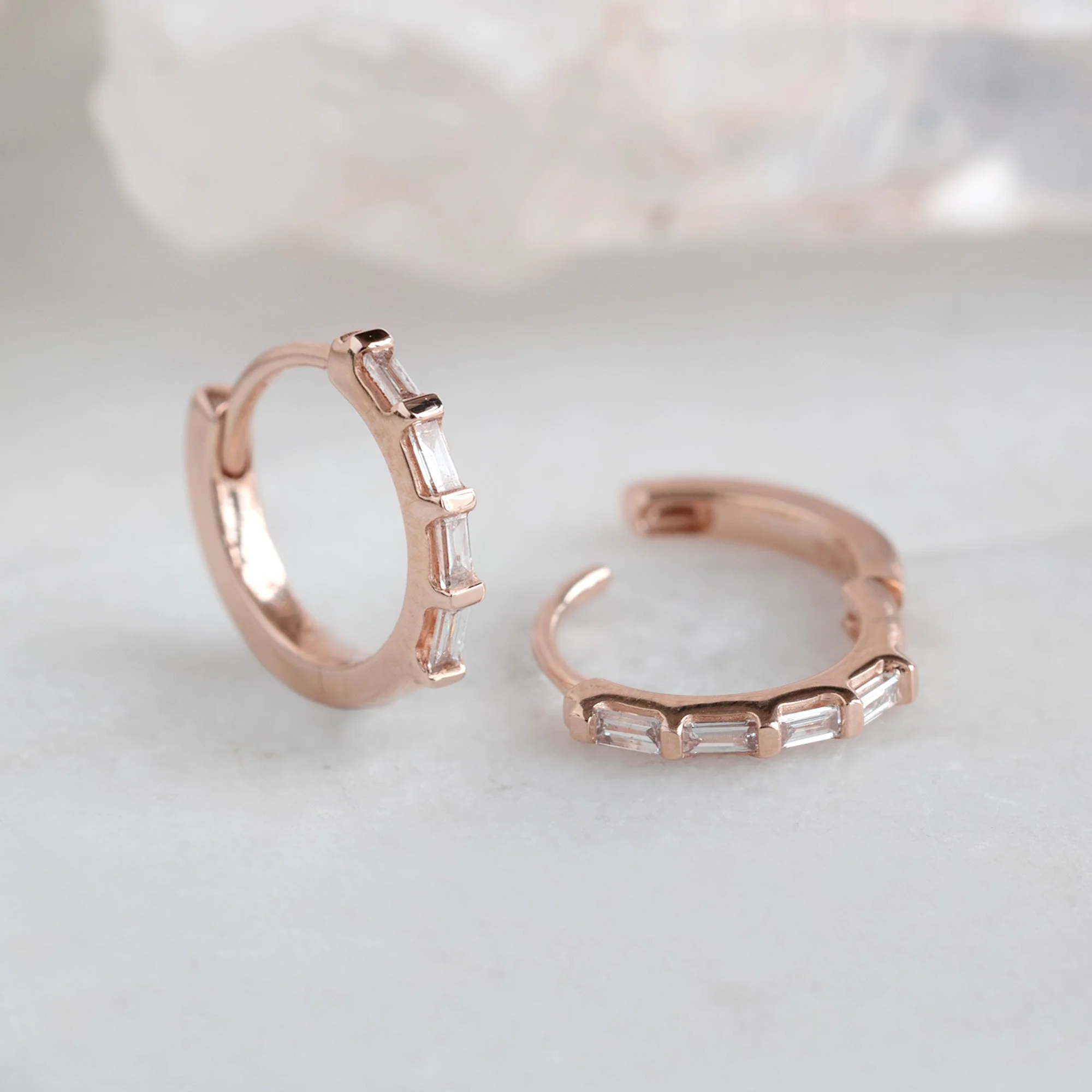 The Baguette White Diamond Huggie Hoops | Yellow, Rose or White Gold - Image 6