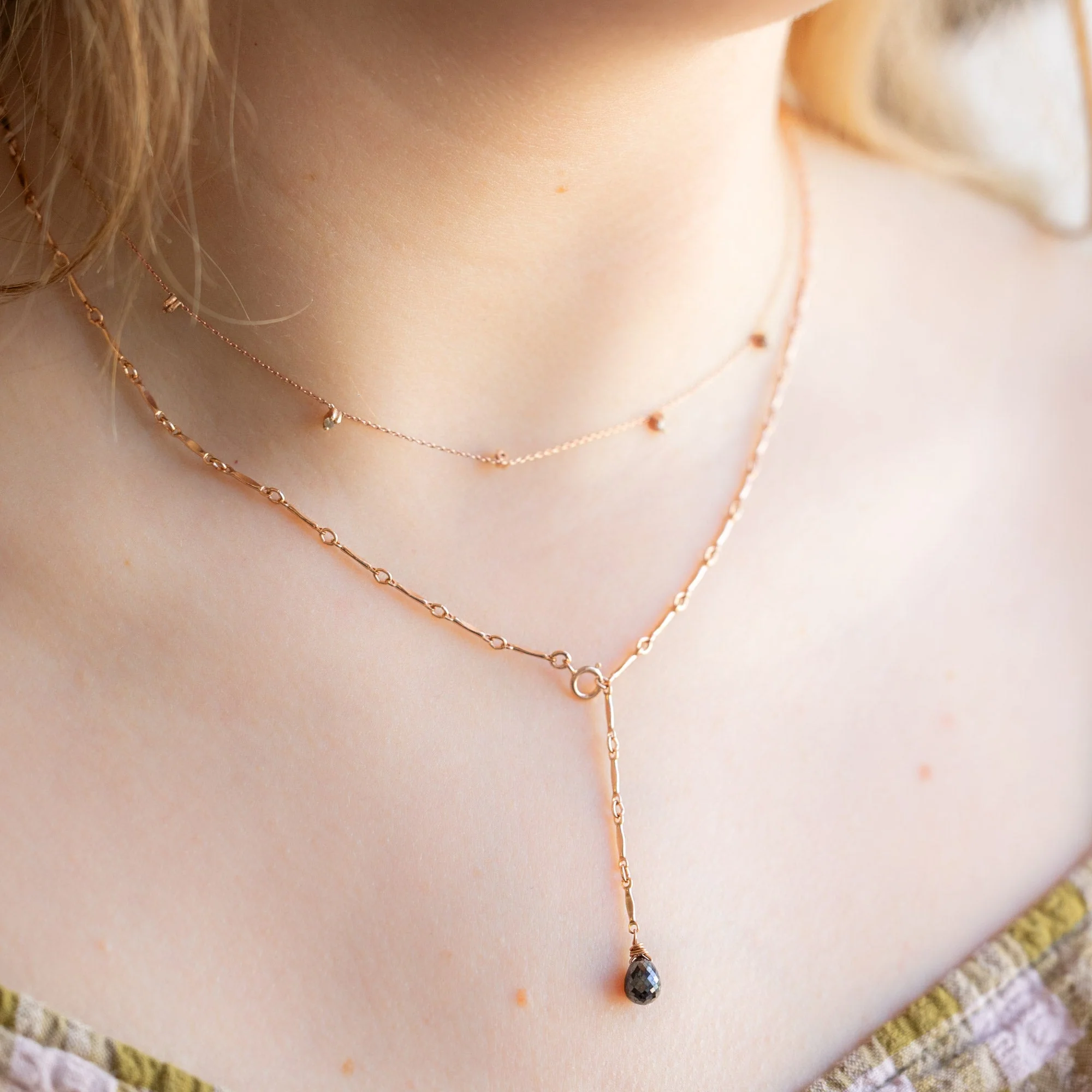 The Bar Chain Briolette Black Diamond Lariat Necklace | Yellow or Rose Gold - Image 6