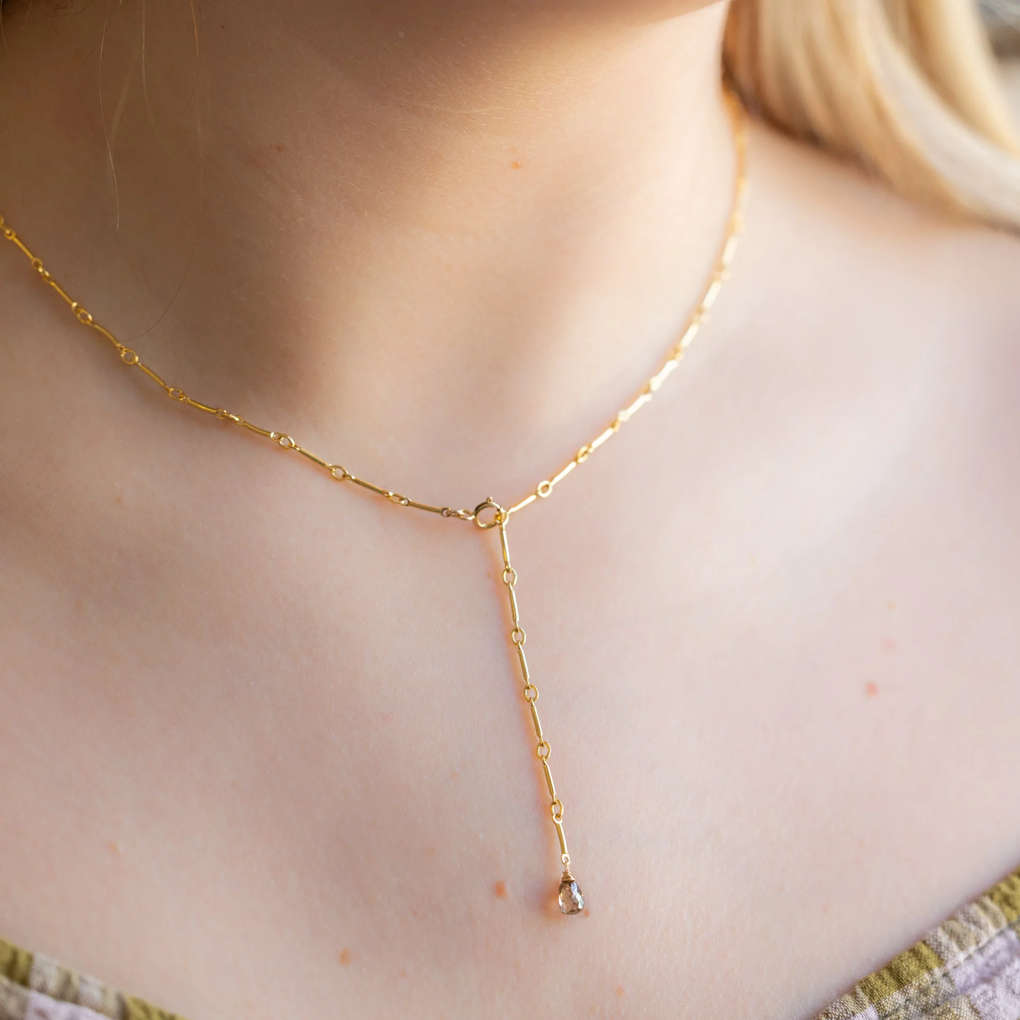 The Bar Chain Briolette Champagne Diamond Lariat Necklace | Yellow or Rose Gold - Image 2