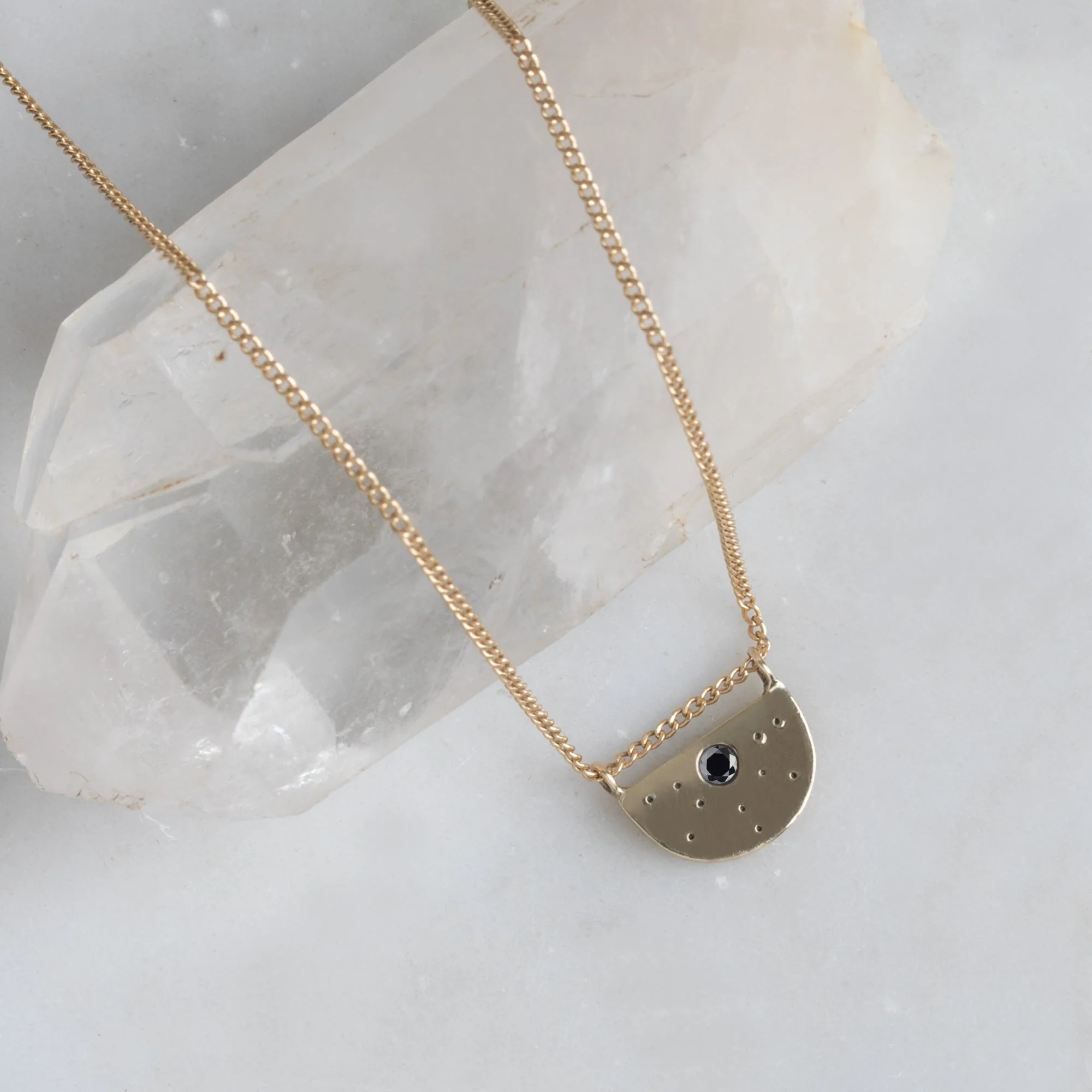 The Black Diamond Half Moon Stardust Necklace | Yellow, Rose or Sterling Silver