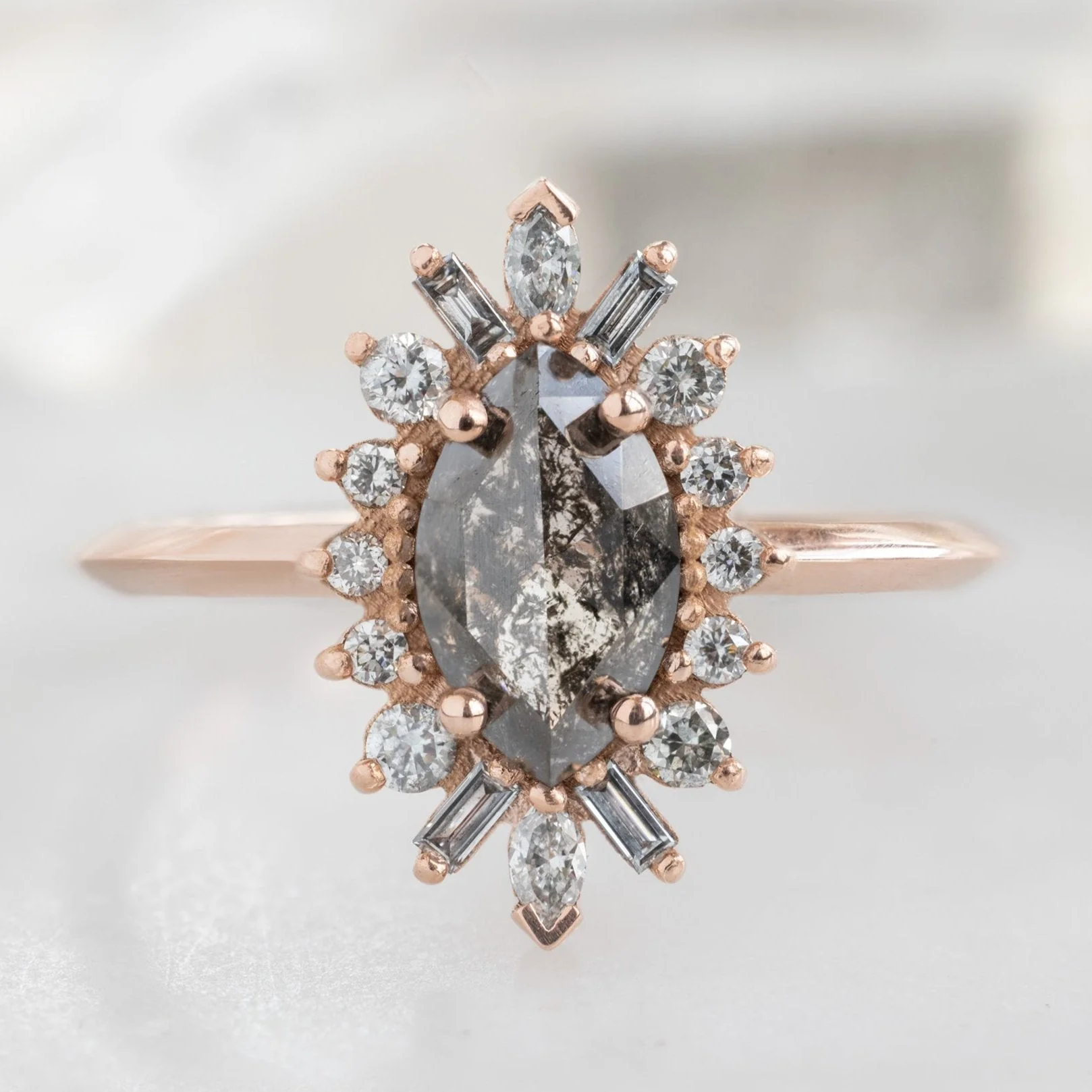 The Camellia Ring | 0.85ct Marquise Salt and Pepper Diamond in 14K Rose Gold