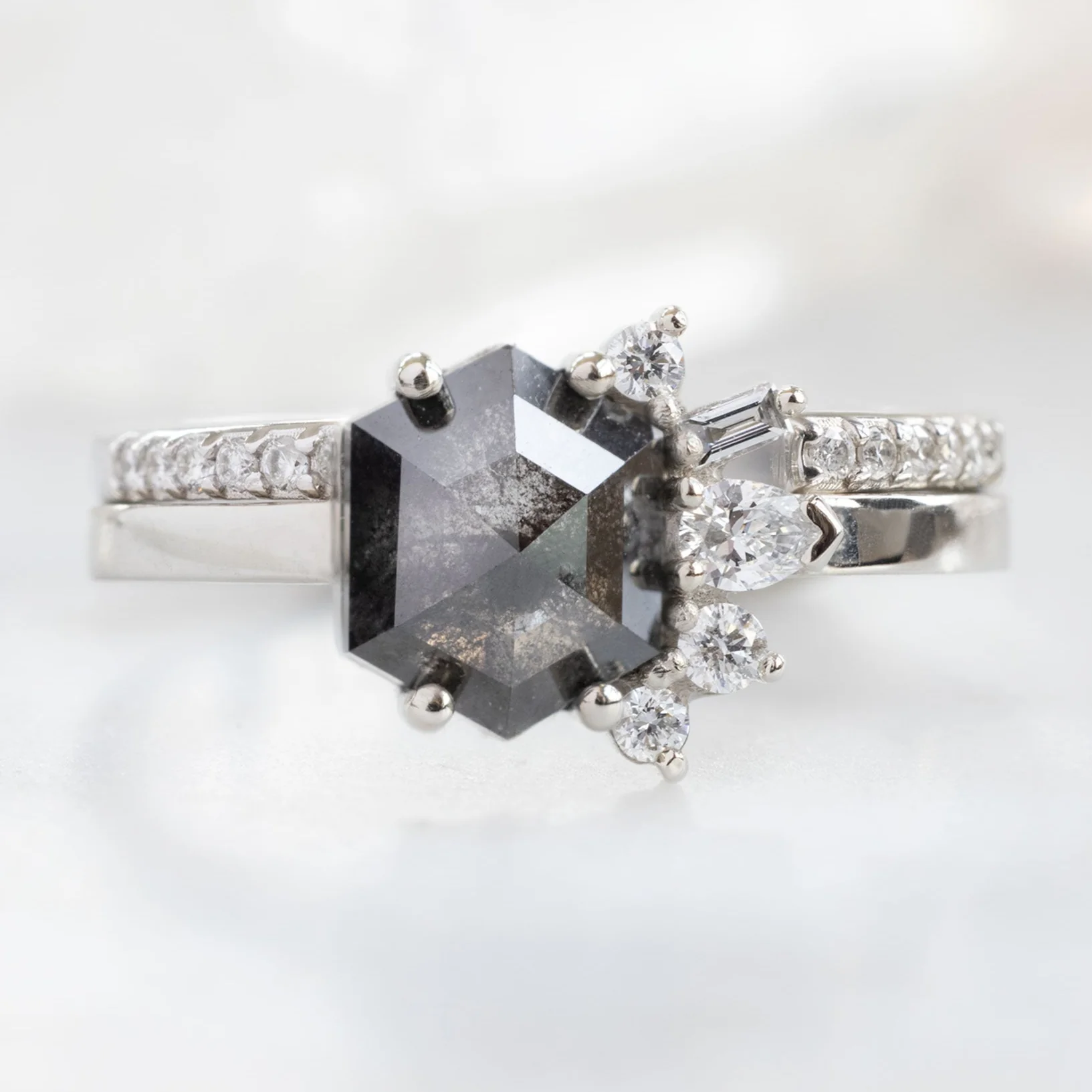 The Cluster Ring | 1.25ct Hexagon Black Diamond in 14K White Gold - Image 3