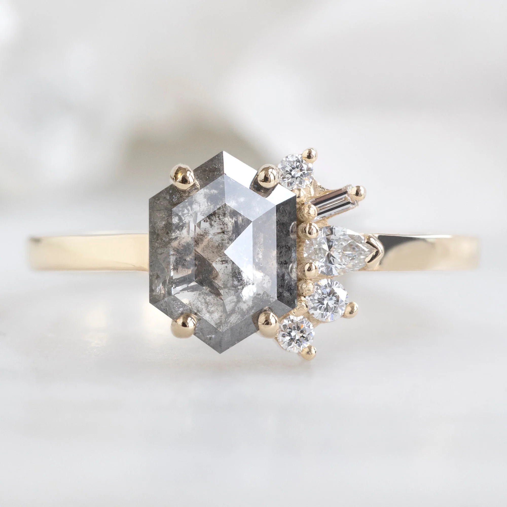 The Cluster Ring | 1.28ct Hexagon Salt and Pepper Diamond in 14K Yellow Gold