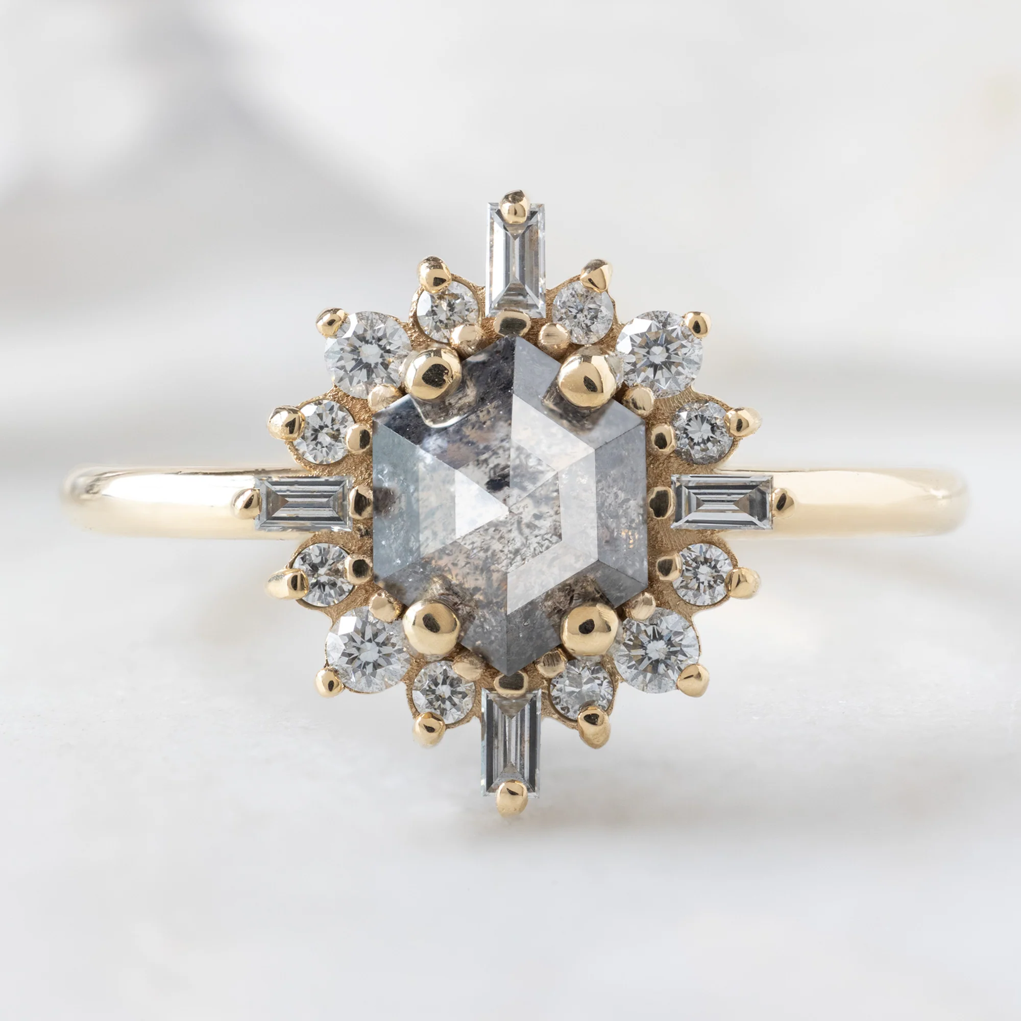 The Compass Ring | 0.86ct Hexagon Salt and Pepper Diamond in 14K Yellow Gold