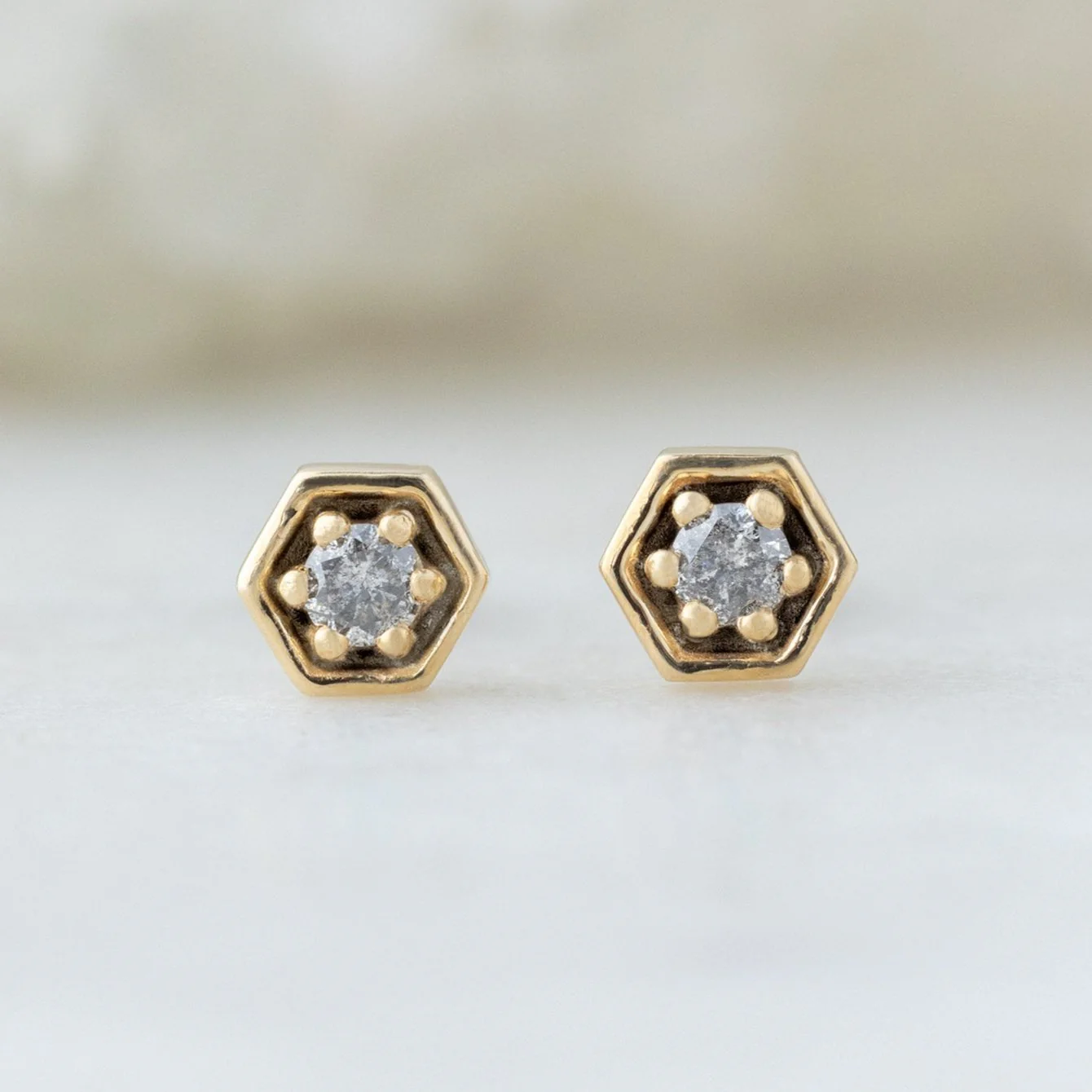 The Galaxy Salt and Pepper Diamond Hexagon Stud Earrings | Yellow, Rose or White Gold - Image 4