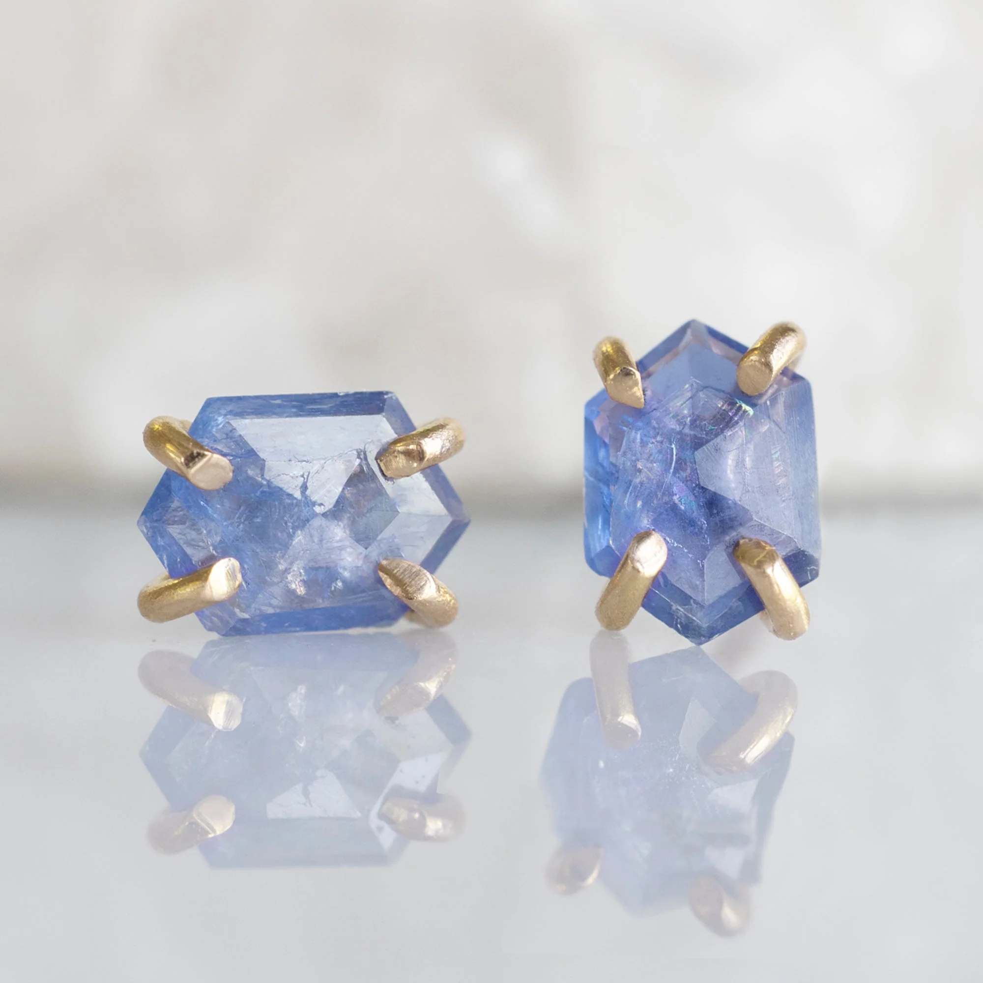 The Hexagon Blue Sapphire Stud Earrings | Yellow, Rose or White Gold