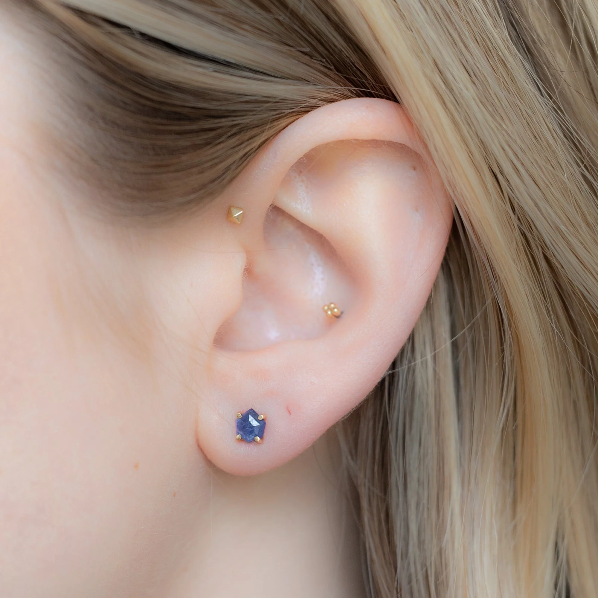 The Hexagon Blue Sapphire Stud Earrings | Yellow, Rose or White Gold - Image 2
