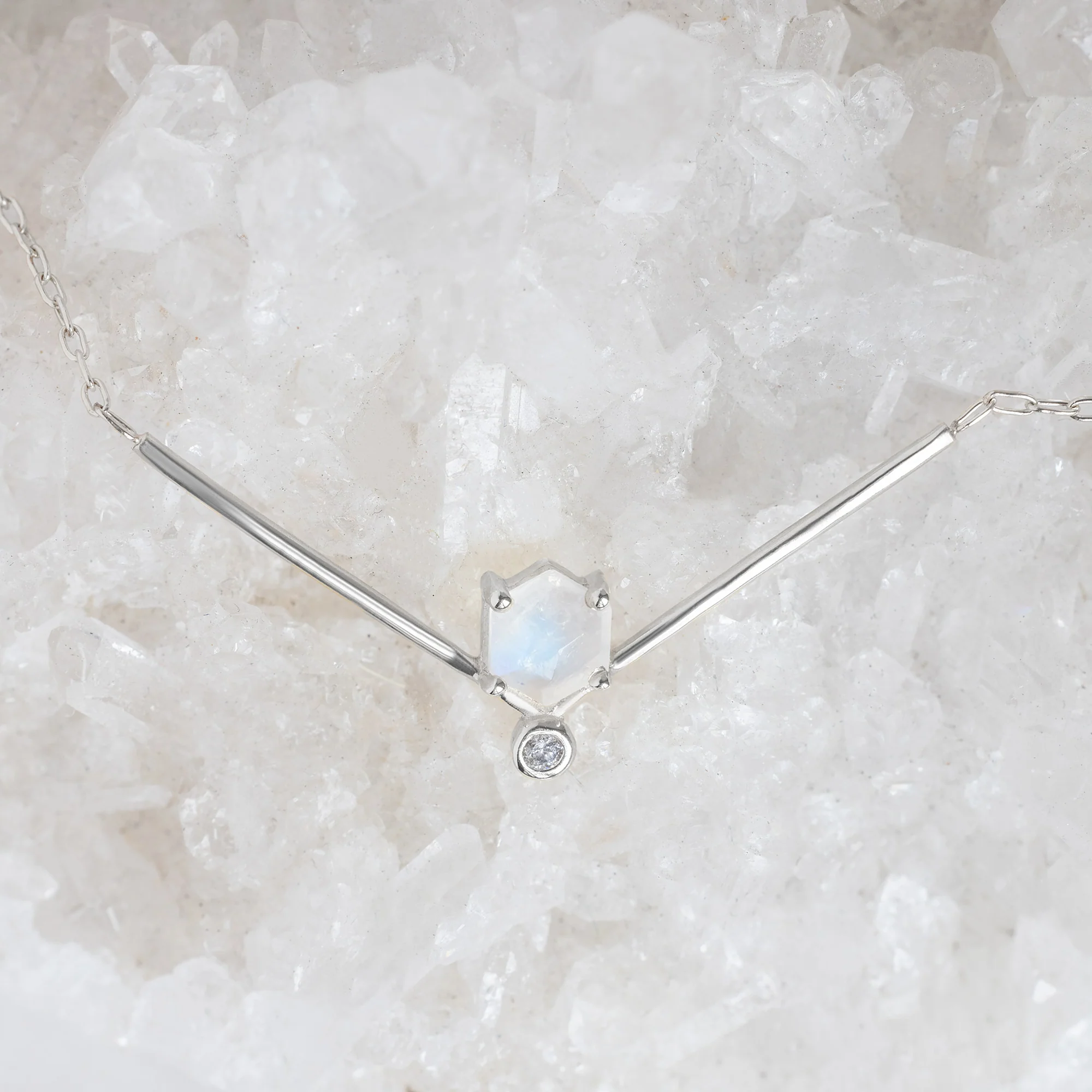 The Hexagon Moonstone + Diamond Necklace | Yellow, Rose or Sterling Silver - Image 5