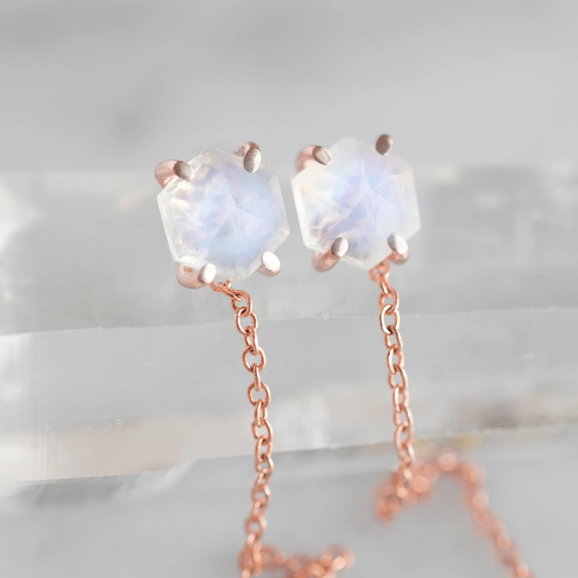 The Hexagon Moonstone Thread Earrings | Yellow, Rose or Sterling Silver - Image 3