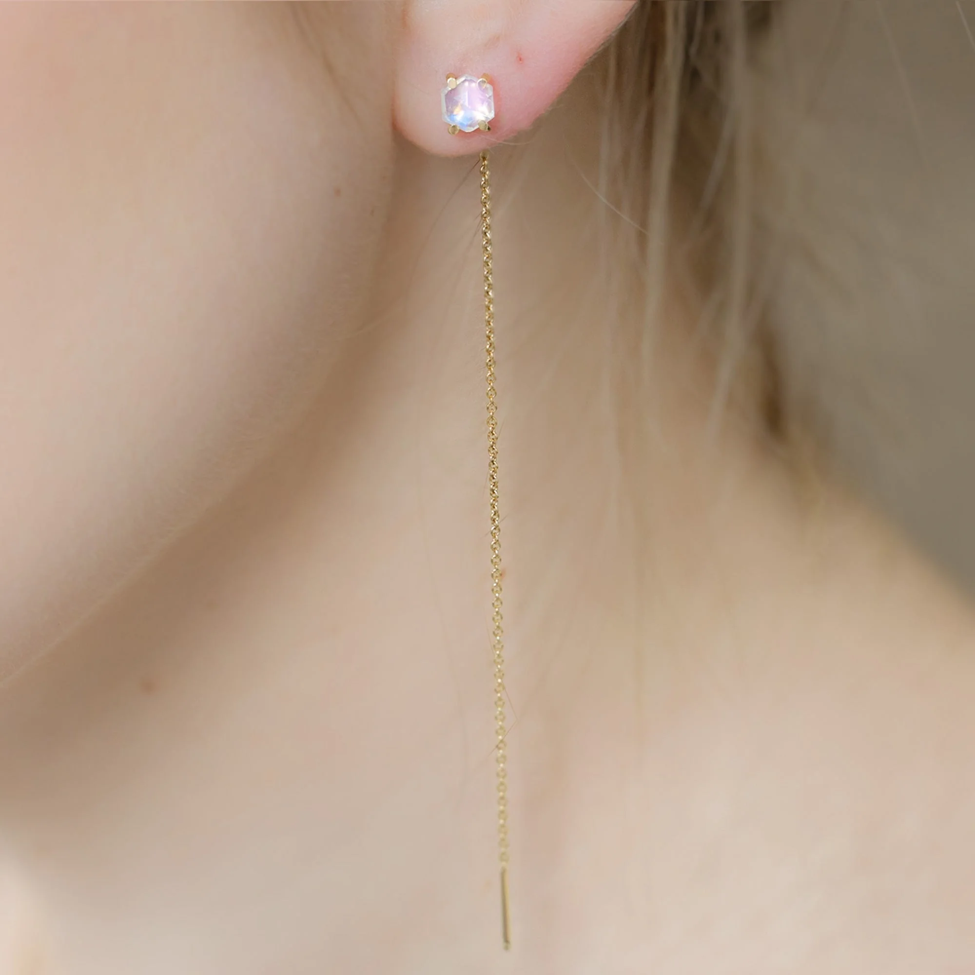 The Hexagon Moonstone Thread Earrings | Yellow, Rose or Sterling Silver - Image 8