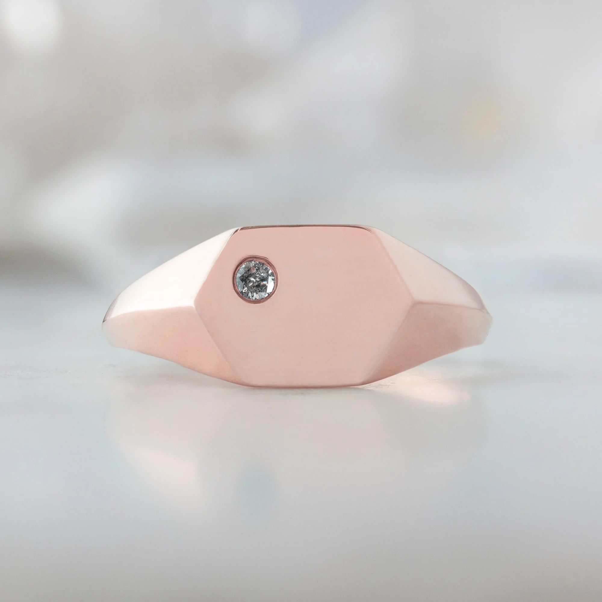 The Hexagon Salt and Pepper Diamond Signet Ring | Yellow, Rose or White Gold