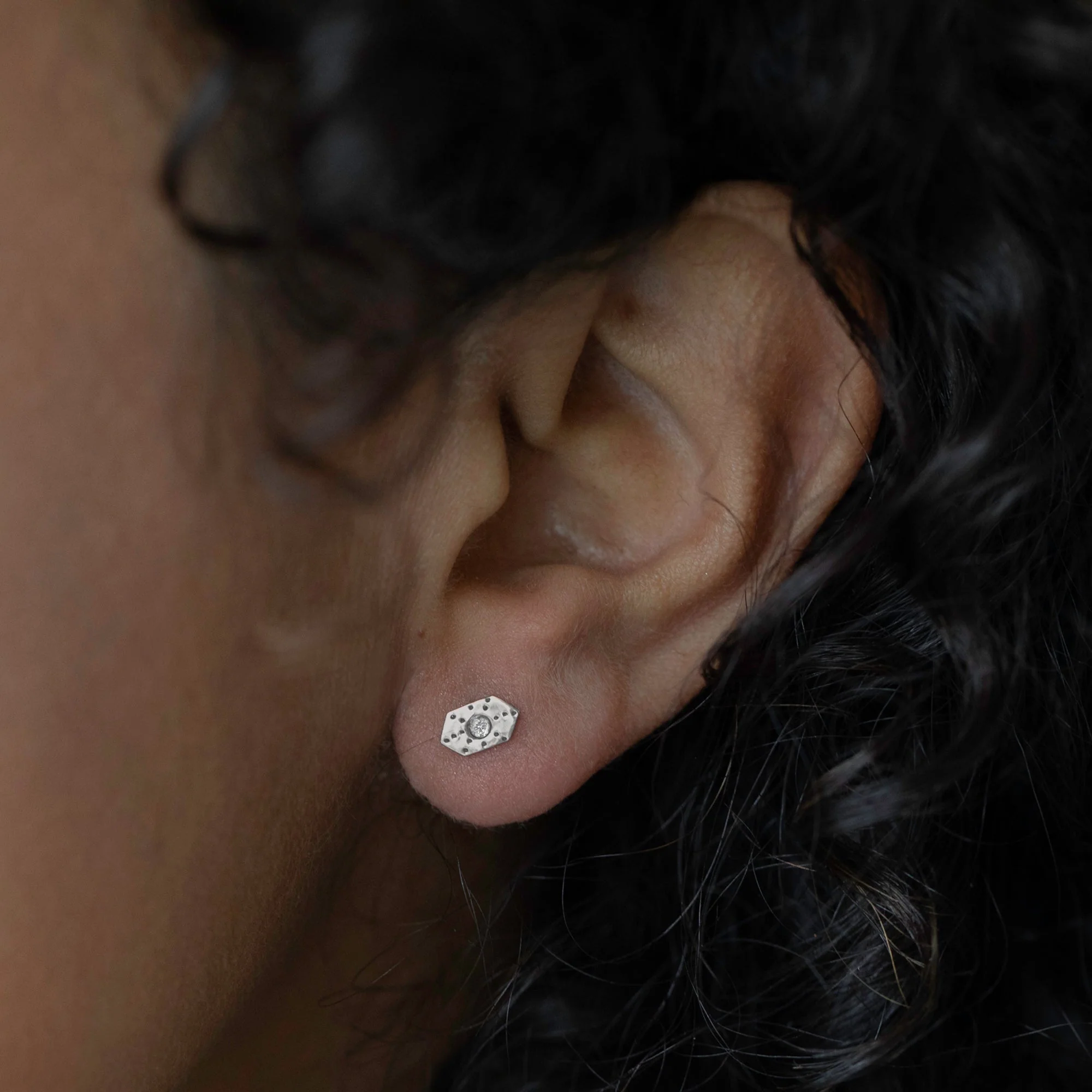 The Hexagon White Diamond Stardust Stud Earrings | Sterling Silver - Image 2