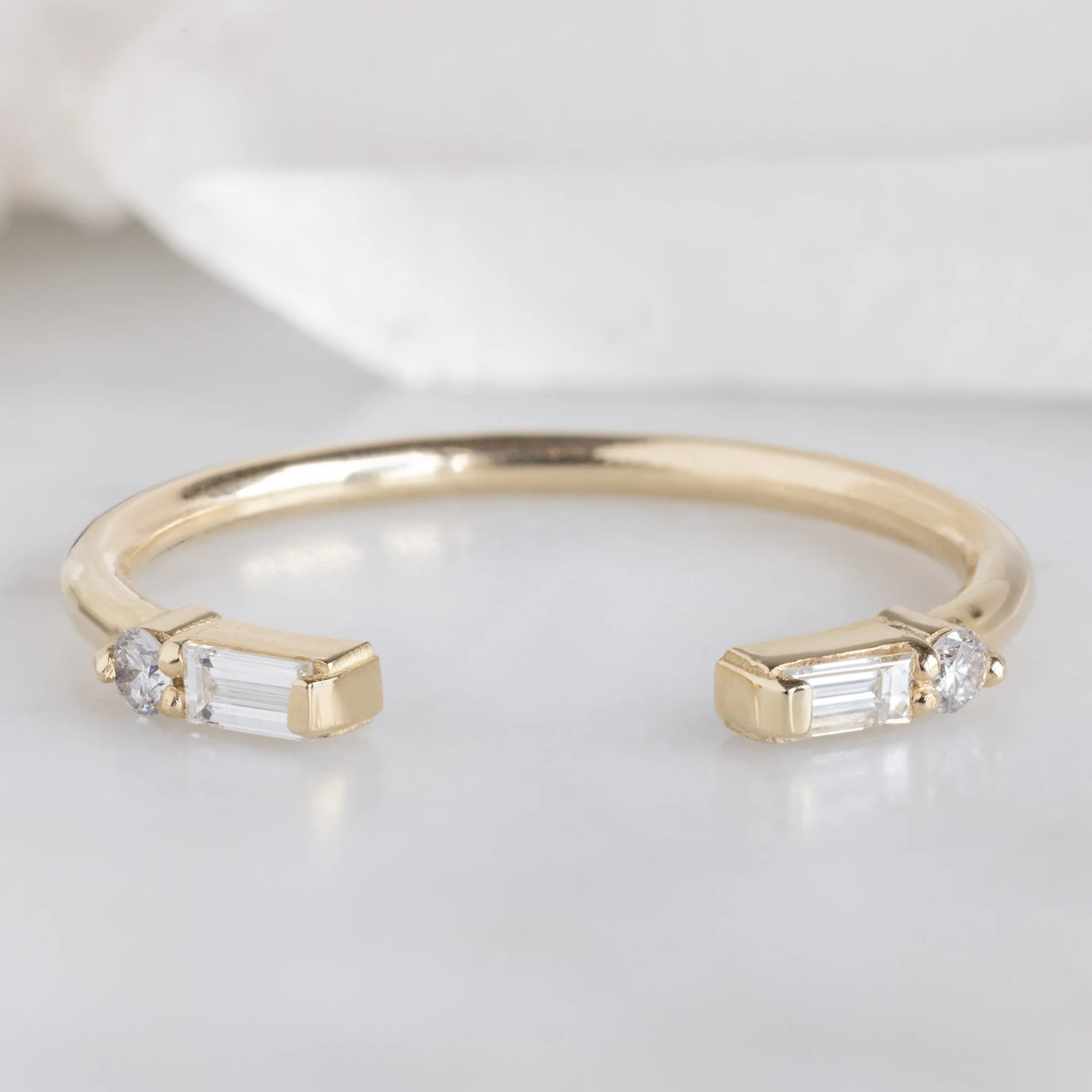The Luxe Open Cuff Baguette White Diamond Stacking Band | Yellow, Rose or White Gold