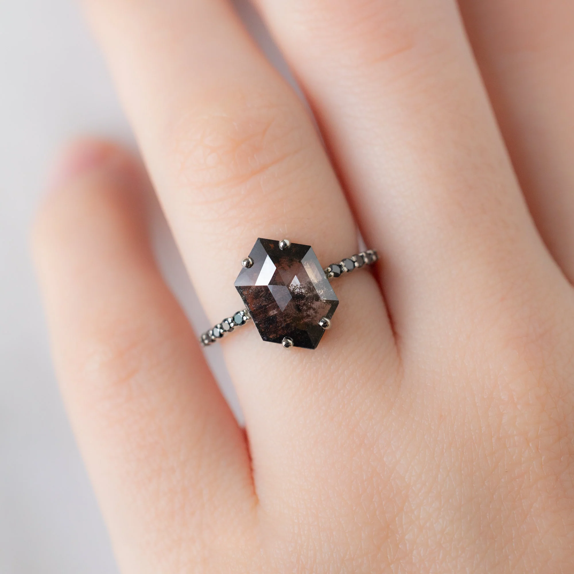 The Luxe Willow Ring | 1.53ct Lab Grown Hexagon Salt and Pepper Diamond in 14K White Gold - Image 4