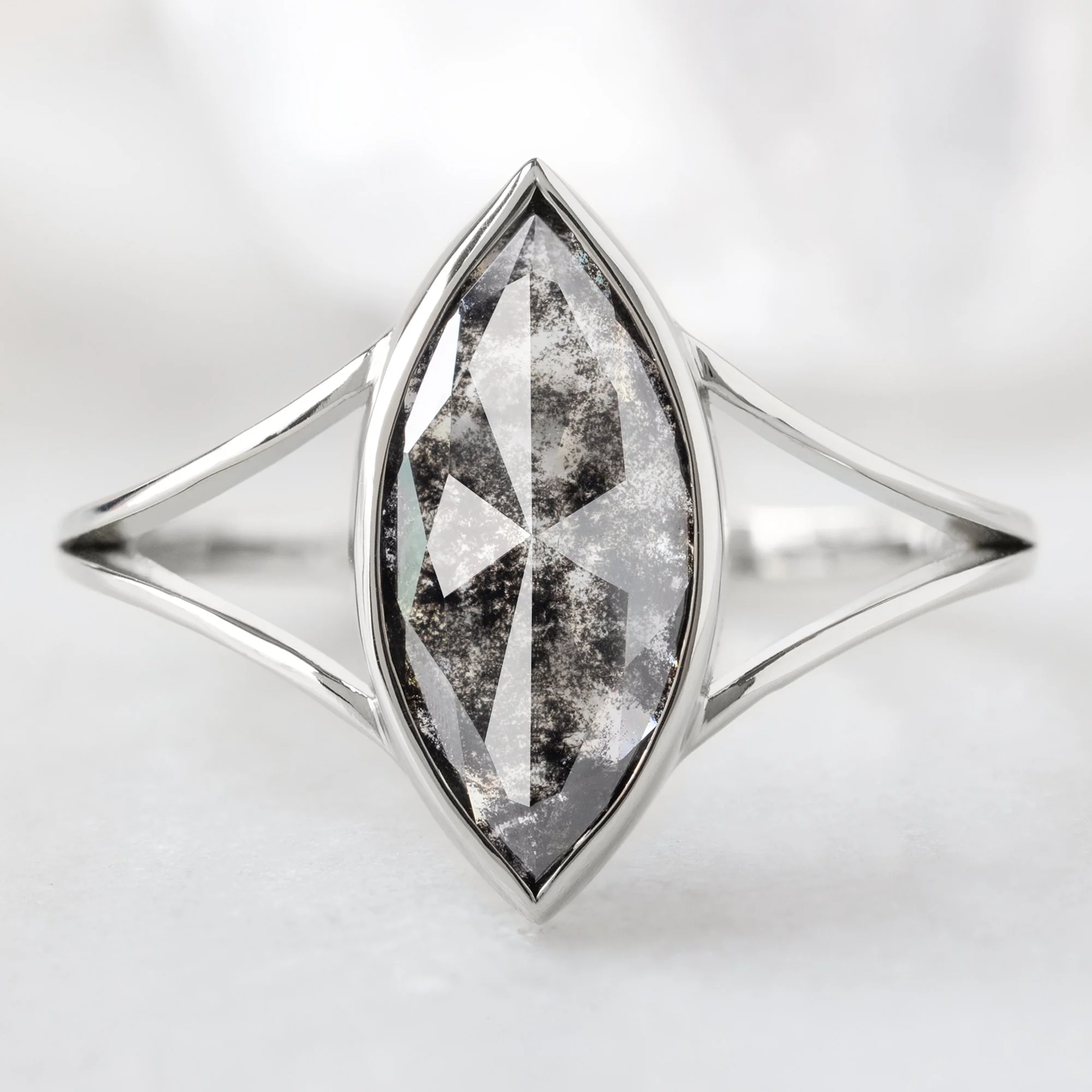 The Magnolia Ring | 1.68ct Lab Grown Marquise Salt and Pepper Diamond in 14K White Gold