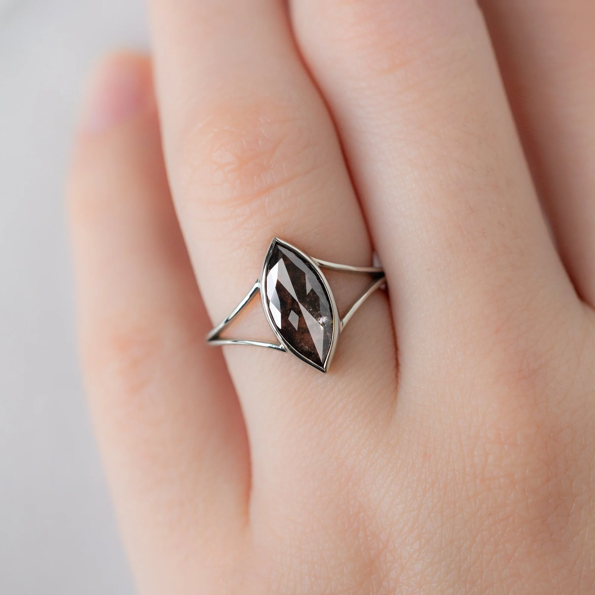 The Magnolia Ring | 1.68ct Lab Grown Marquise Salt and Pepper Diamond in 14K White Gold - Image 4