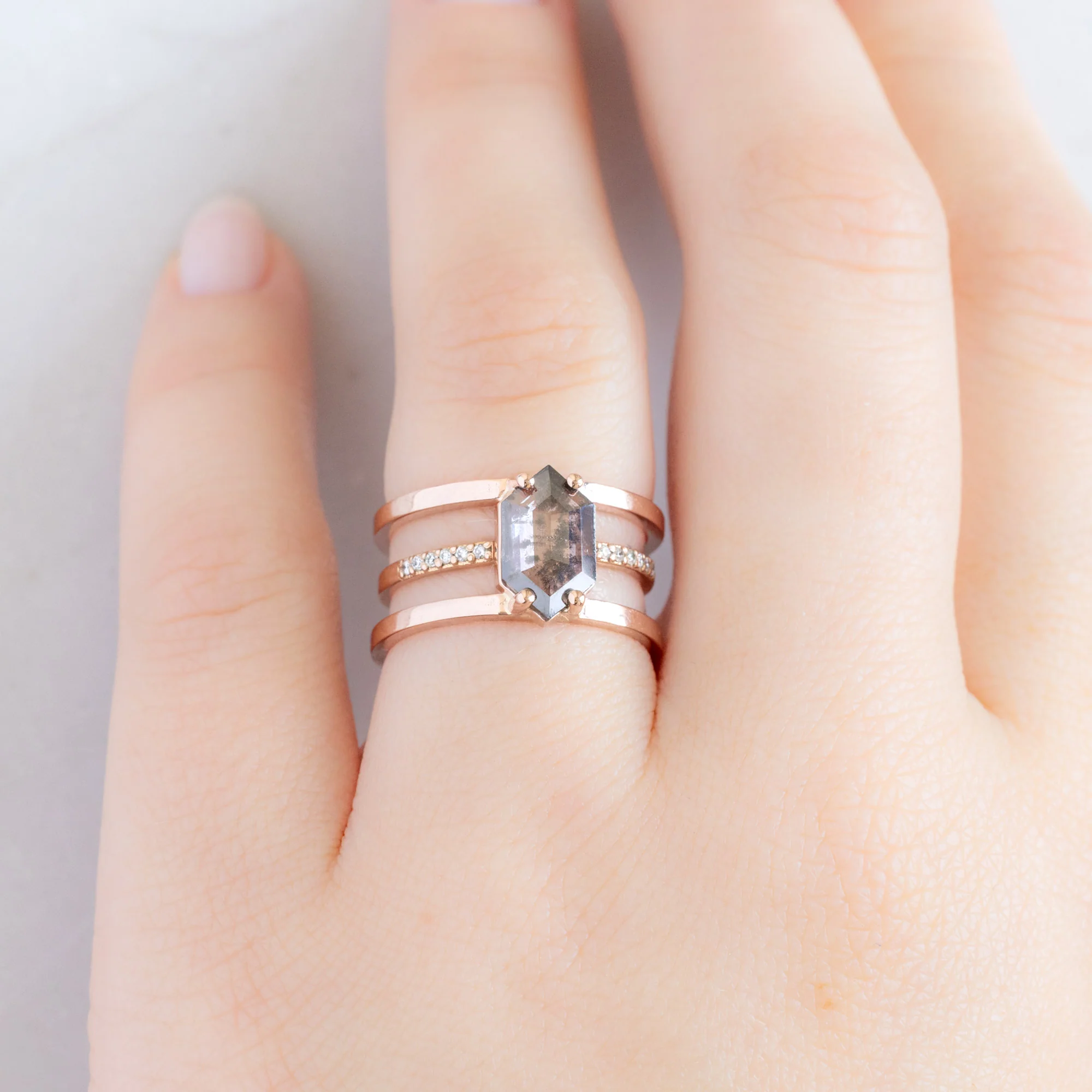The Poppy Ring | 1.21ct Lab Grown Salt and Pepper Hexagon Diamond in 14K Rose Gold - Image 2