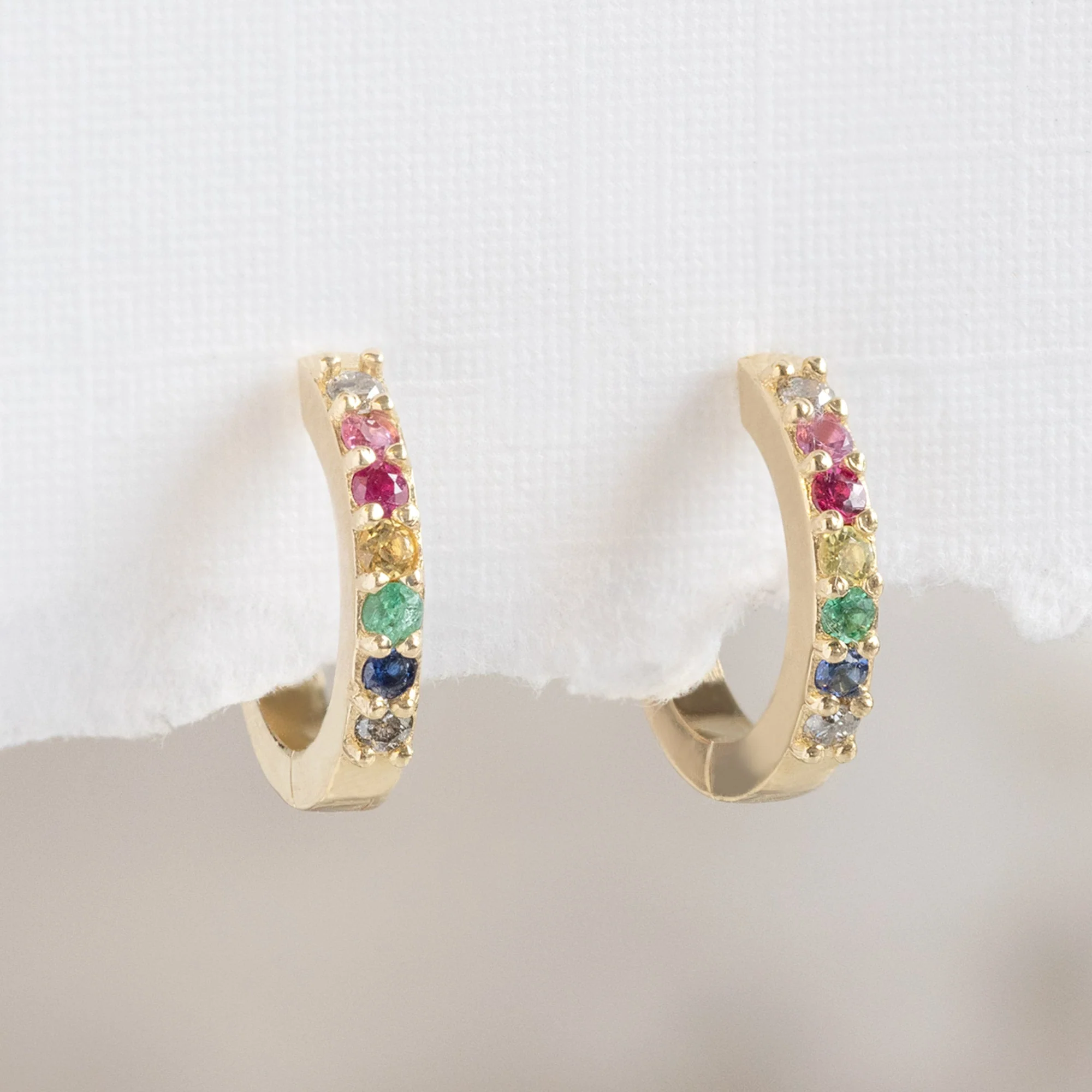 The Rainbow Sapphire Pavé Huggie Hoops | Yellow, Rose or White Gold